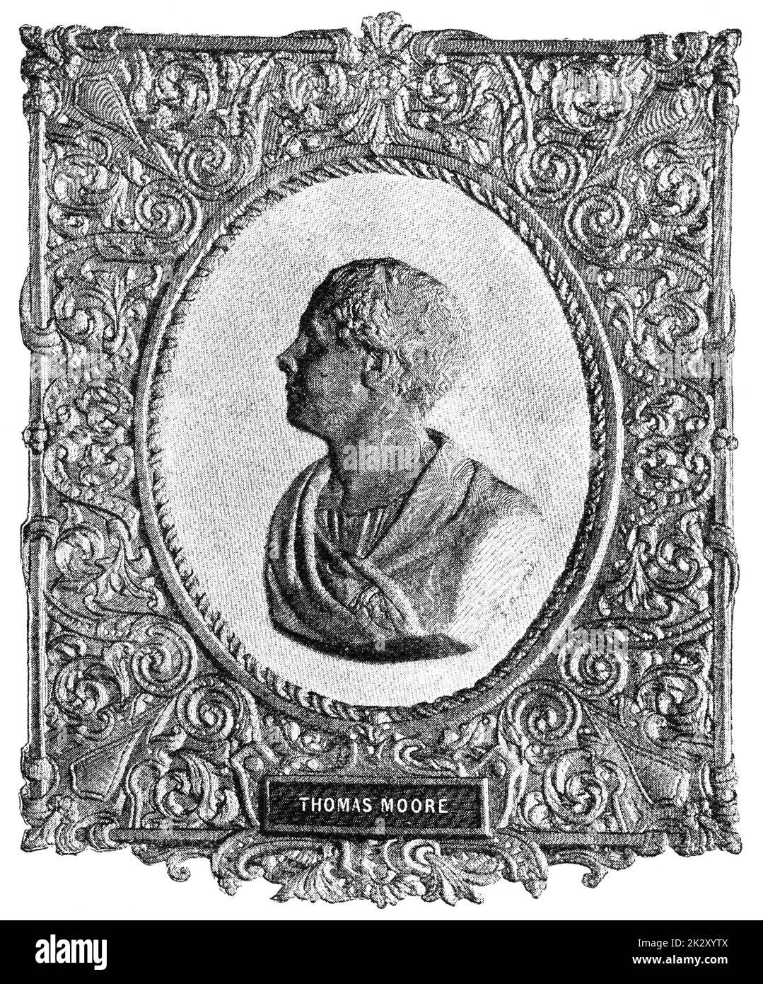 Portrait of Thomas Moore (bas-relief) - an Irish writer, poet and lyricist celebrated for his Irish Melodies. Illustration of the 19th century. White background. Stock Photo