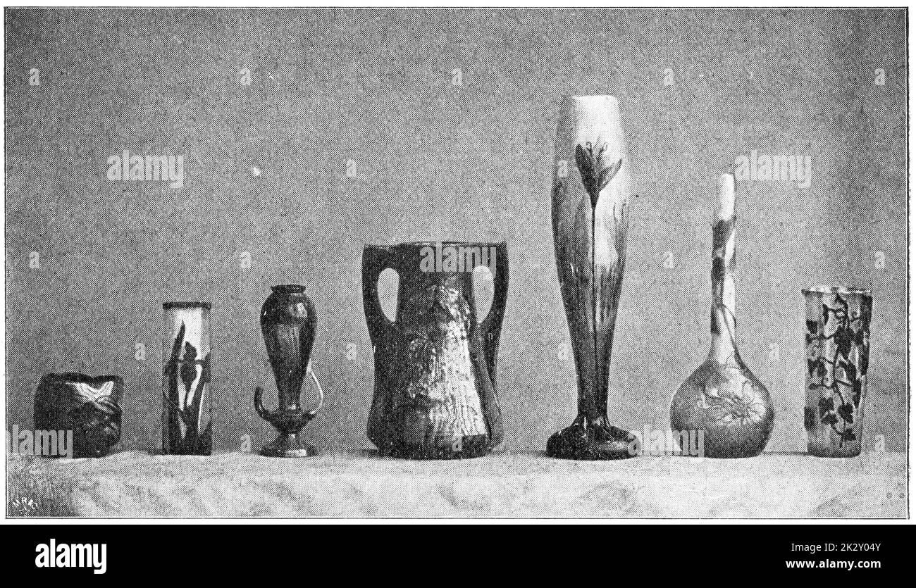 Various crystal and maiolica vases. Illustration of the 19th century. Germany. White background. Stock Photo
