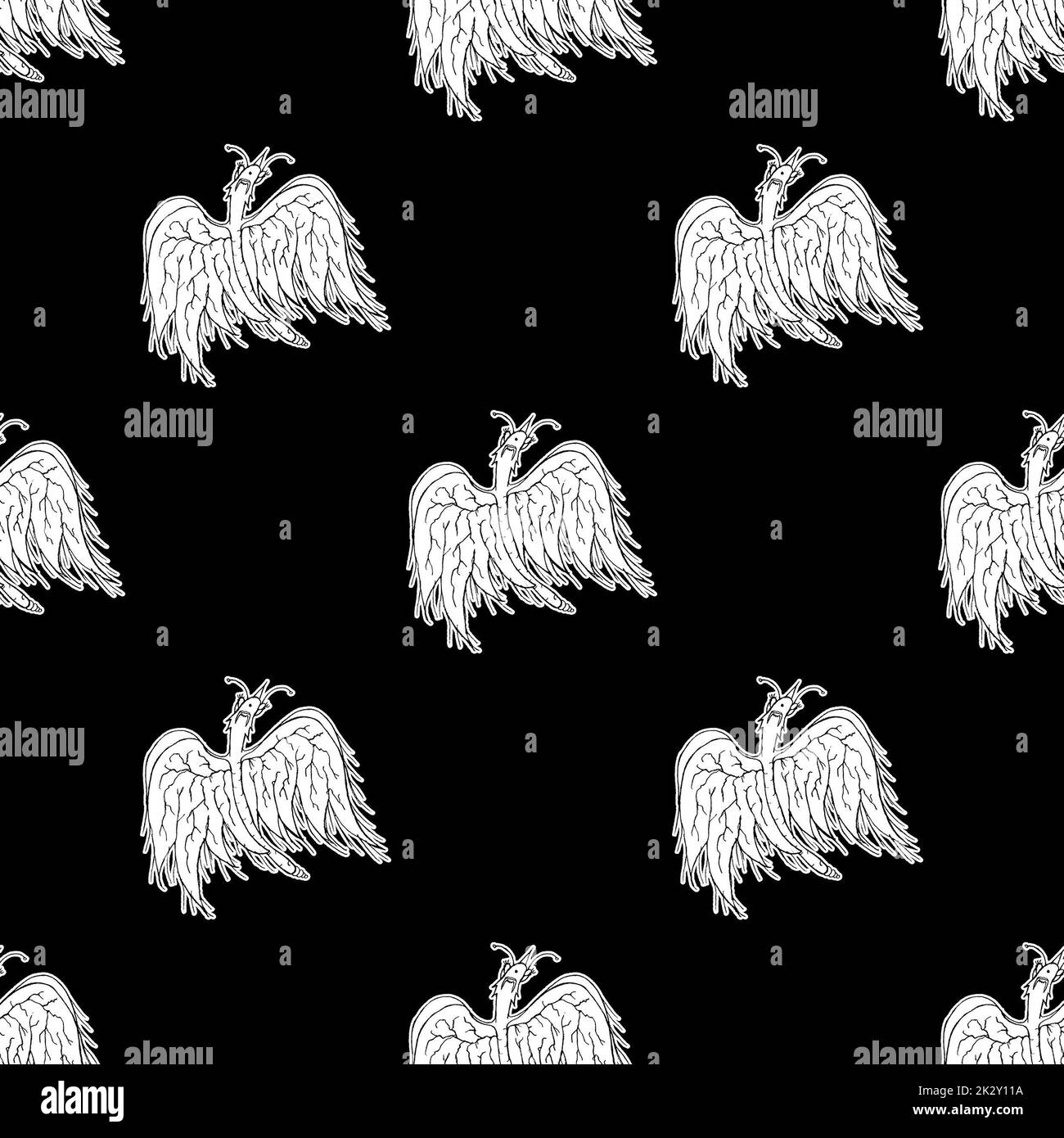 Black and white linear art dragon motif pattern illustration Stock Photo