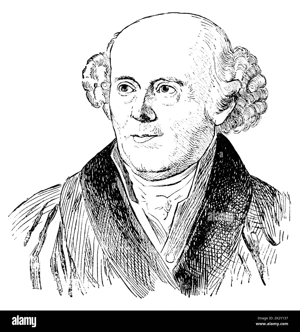 Portrait of Samuel Hahnemann -  a German physician, best known for creating the pseudoscientific system of alternative medicine called homeopathy. Illustration of the 19th century. White background. Stock Photo