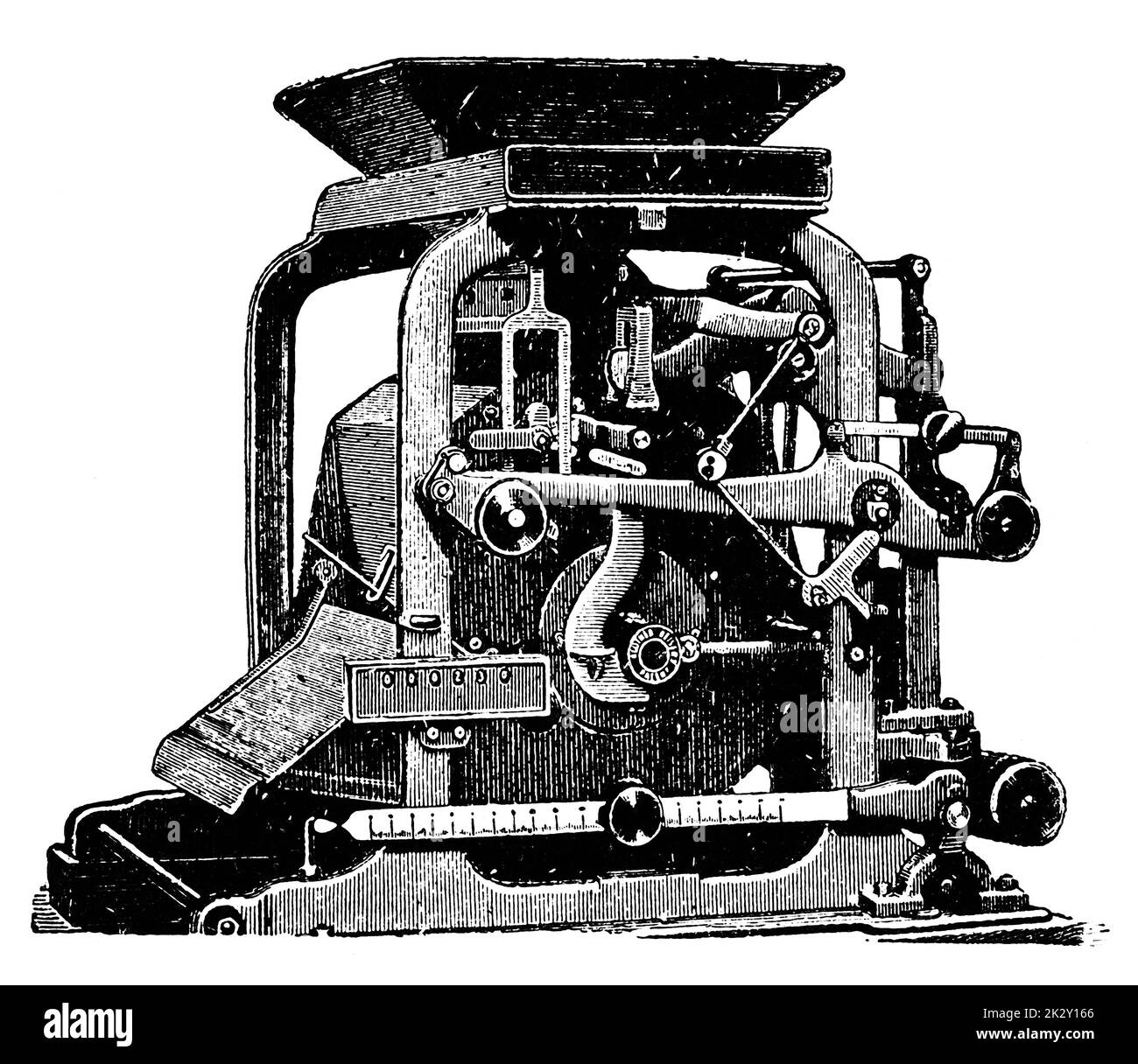Industrial grain cleaning machine with device for measuring parameters of the finished product. Illustration of the 19th century. Germany. White background. Stock Photo