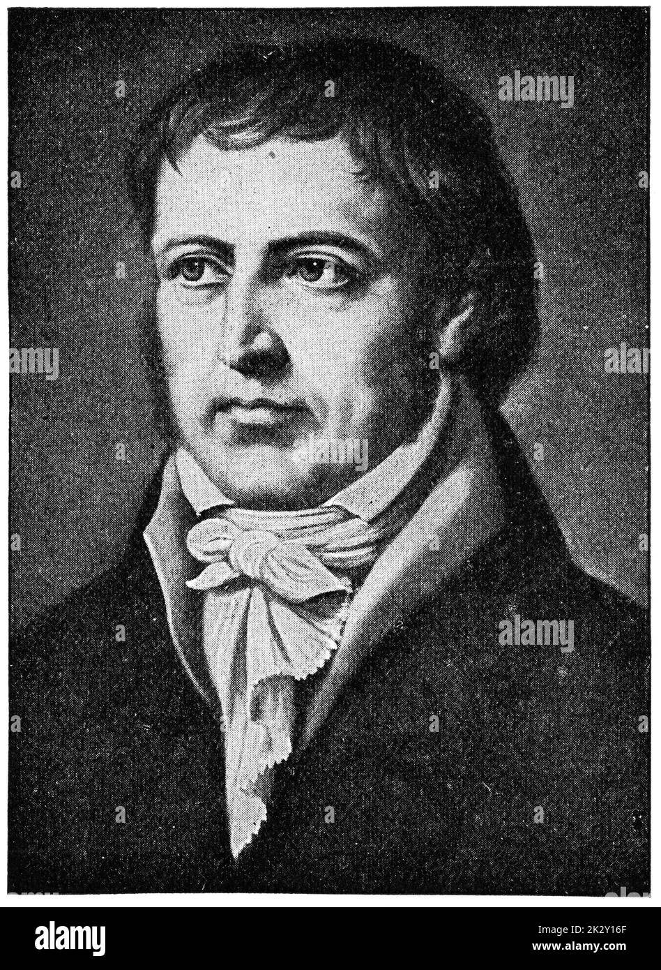 Portrait of Georg Wilhelm Friedrich Hegel - a German philosopher and the most important figure in German idealism. Illustration of the 19th century. Germany. White background. Stock Photo