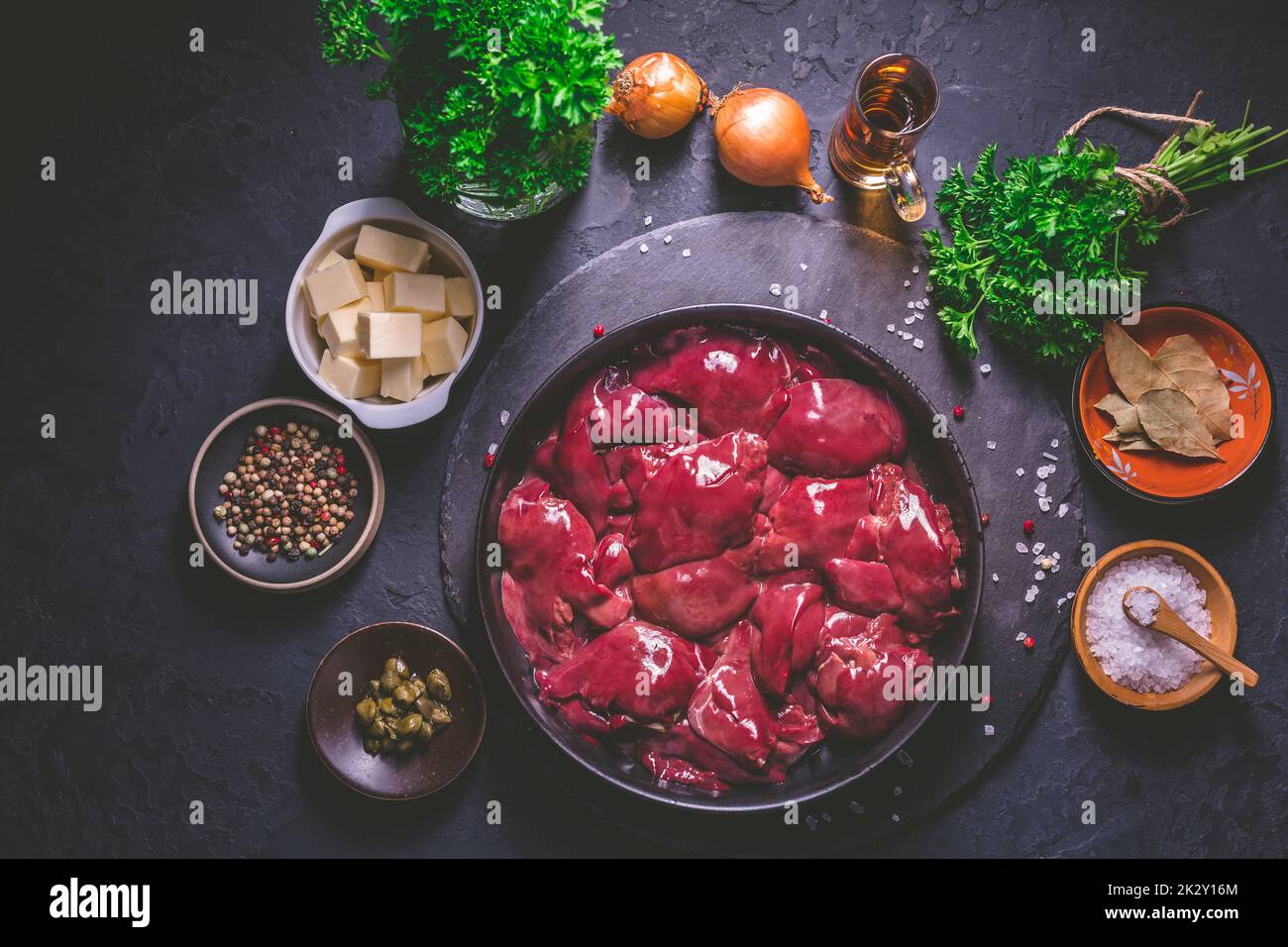 Raw chicken liver with cooking ingredients for liver pate Stock Photo