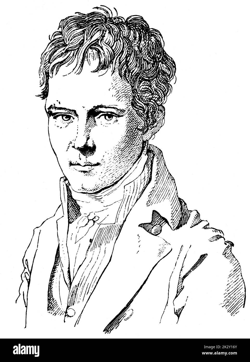 Portrait of Alexander von Humboldt (youth) - a German polymath, geographer, naturalist, explorer, and proponent of Romantic philosophy and science. Illustration of the 19th century. White background. Stock Photo