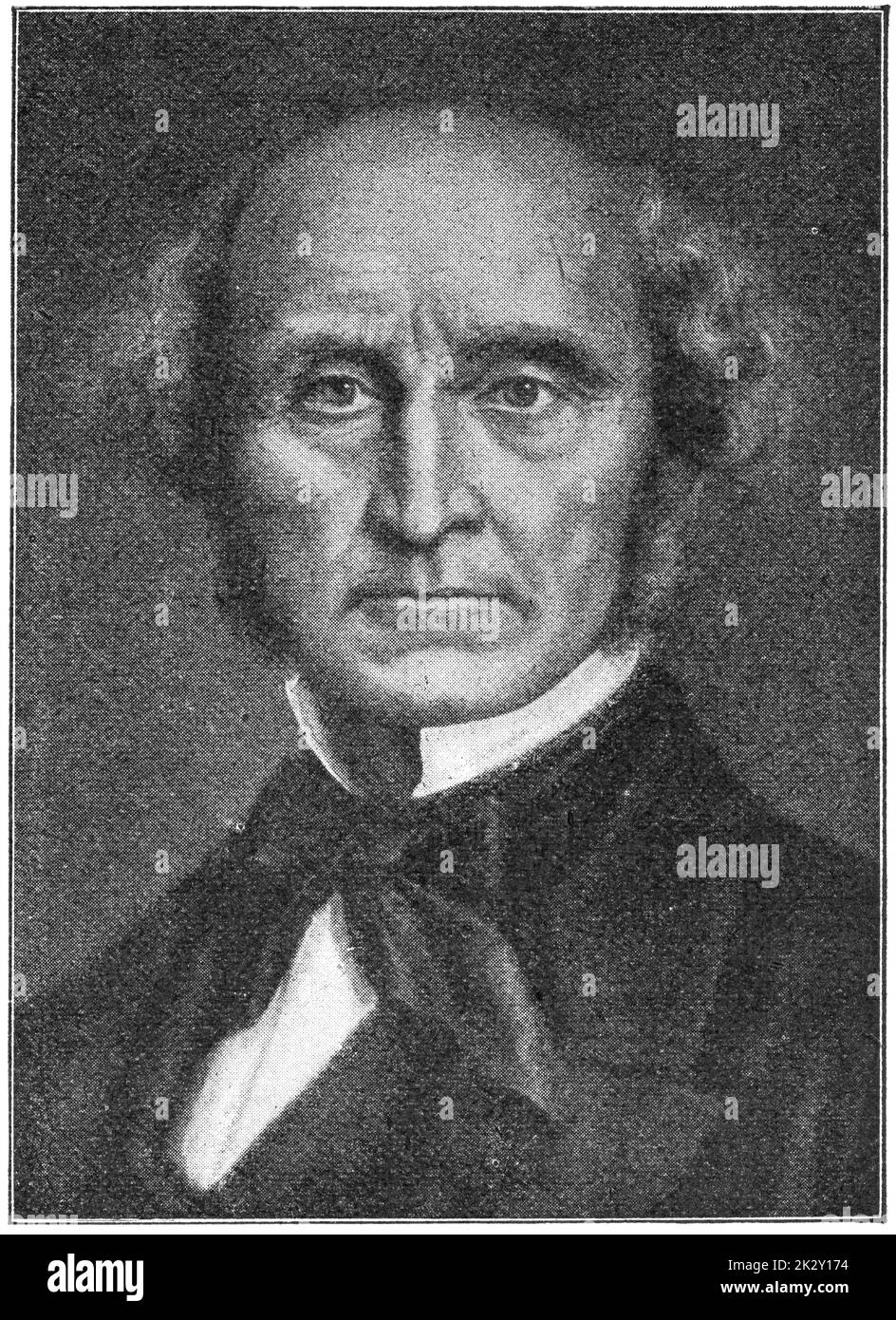 Portrait of John Stuart Mill - an English philosopher, political economist, and civil servant. Illustration of the 19th century. Germany. White background. Stock Photo