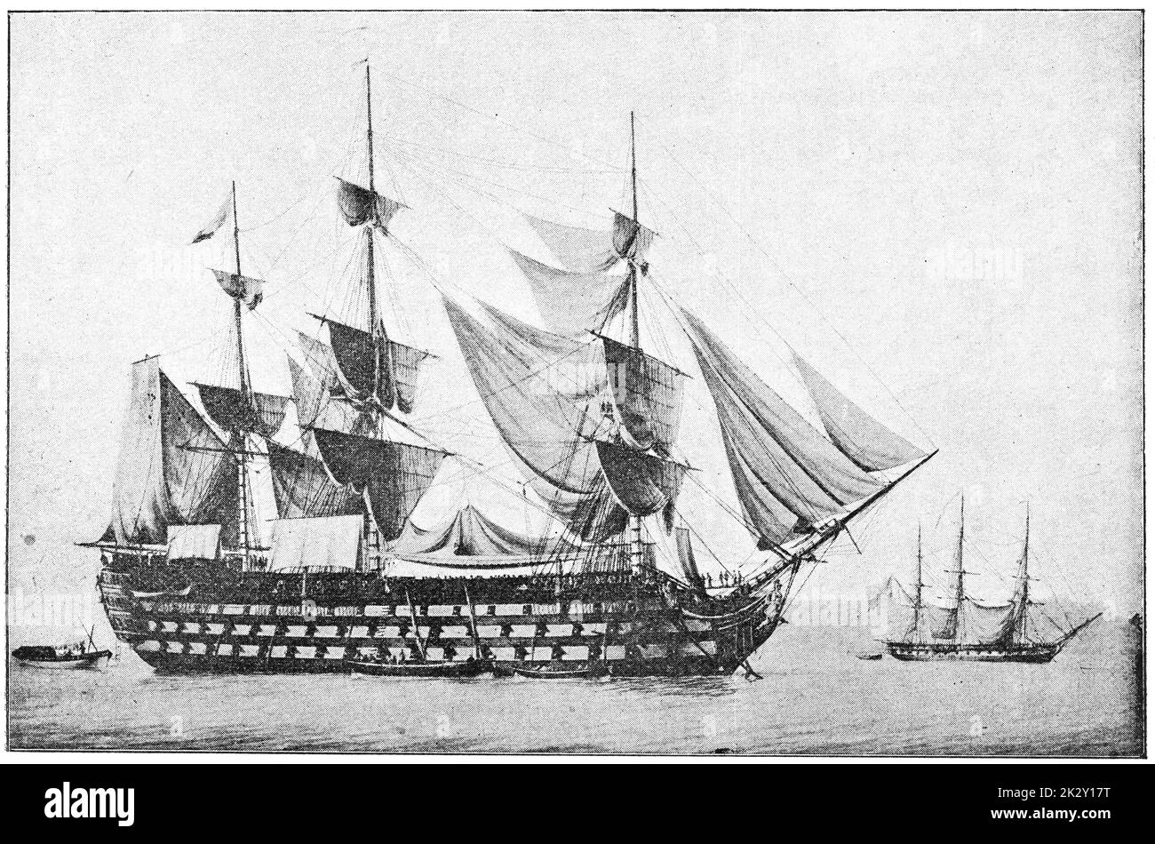 The Wagram (1810) - a first-rate 118-gun ship of the line of the French Navy, of the Ocean type. Illustration of the 19th century. Germany. White background. Stock Photo