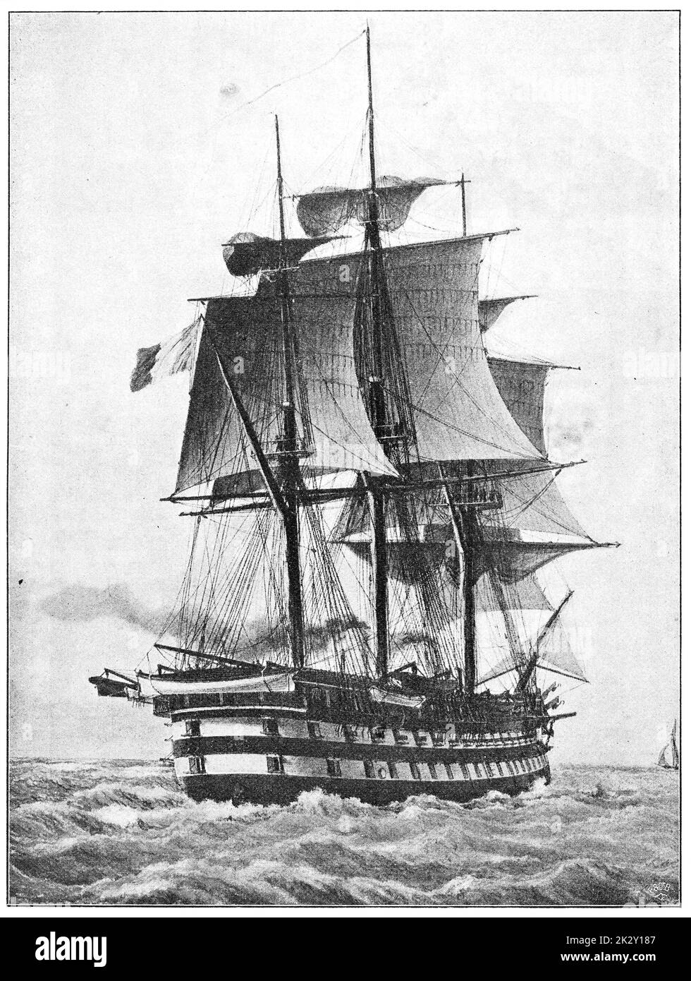 Napoleon (1850) - a 90-gun ship of the line of the French Navy, and the first purpose-built steam battleship in the world. Illustration of the 19th century. Germany. White background. Stock Photo