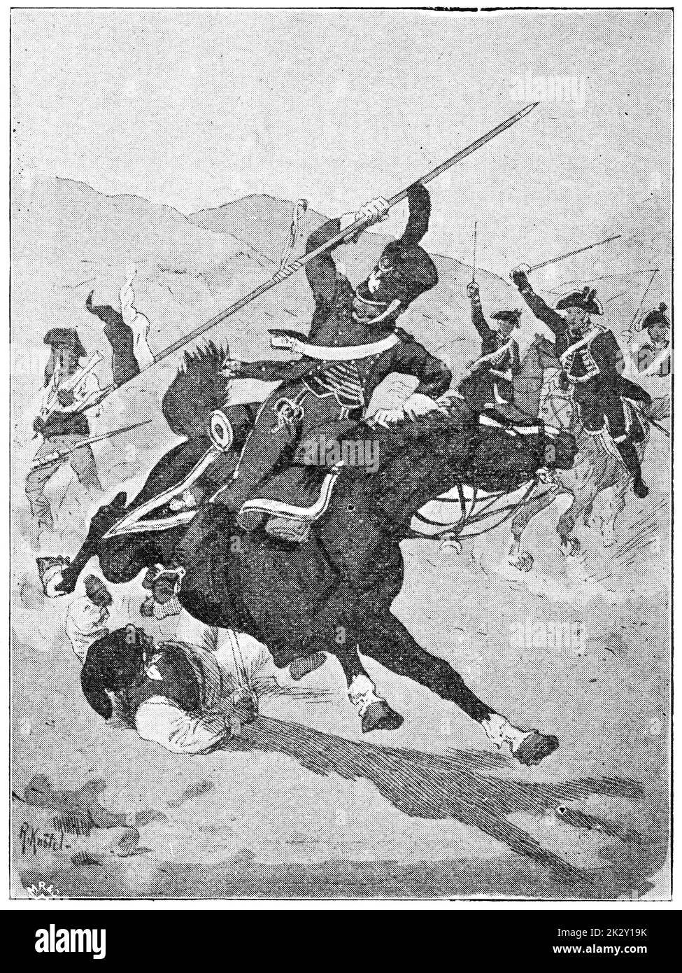 French lancer gendarme from 1810 in battle with Spanish guerrillas. Illustration of the 19th century. Germany. White background. Stock Photo