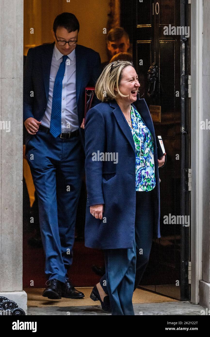 London, UK. 23rd Sep, 2022. Anne-Marie Trevelyan, Secretary of State for Transport with Simon Clarke, Secretary of State for Levelling Up, Housing and Communities behind - Leaving after the Cabinet meeting before The Chancellor leaves Downing Street to make a statement on the government's plans for growth. Credit: Guy Bell/Alamy Live News Stock Photo