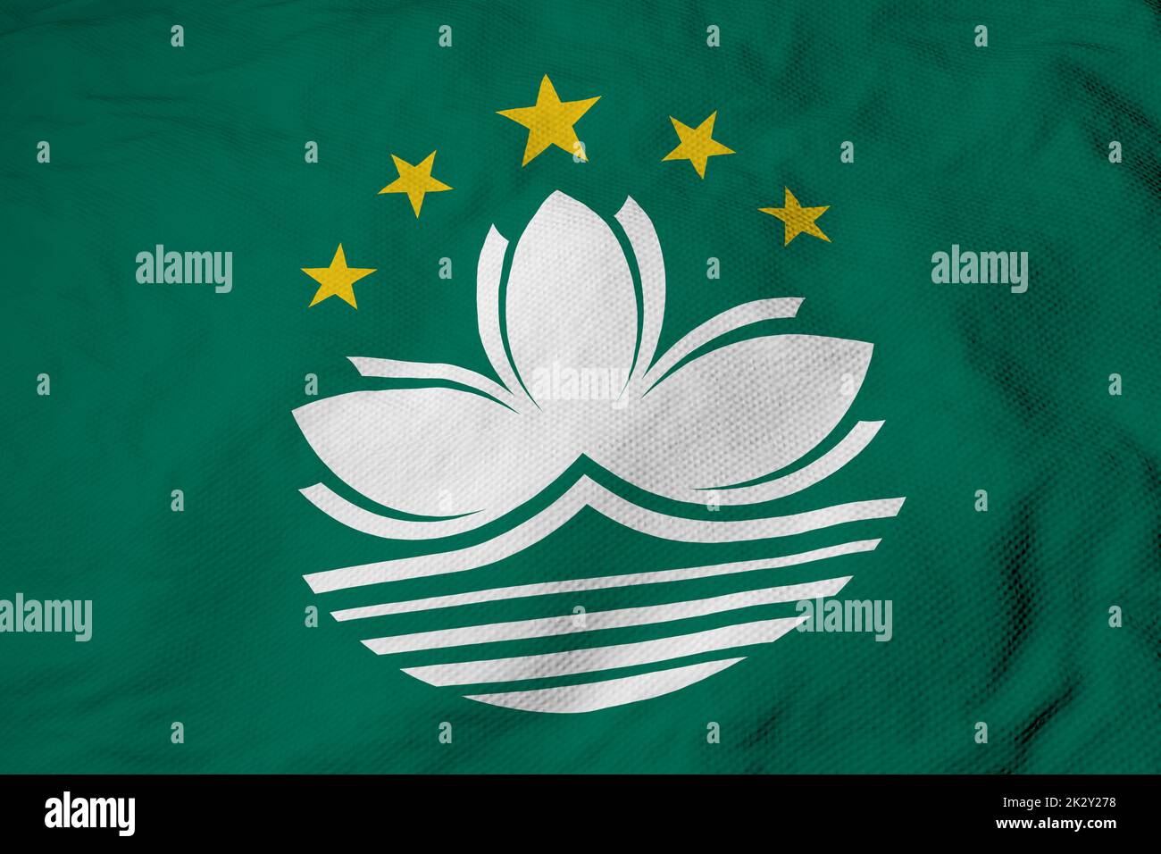 Full frame close-up on a waving Flag of Macau in 3D rendering. Stock Photo
