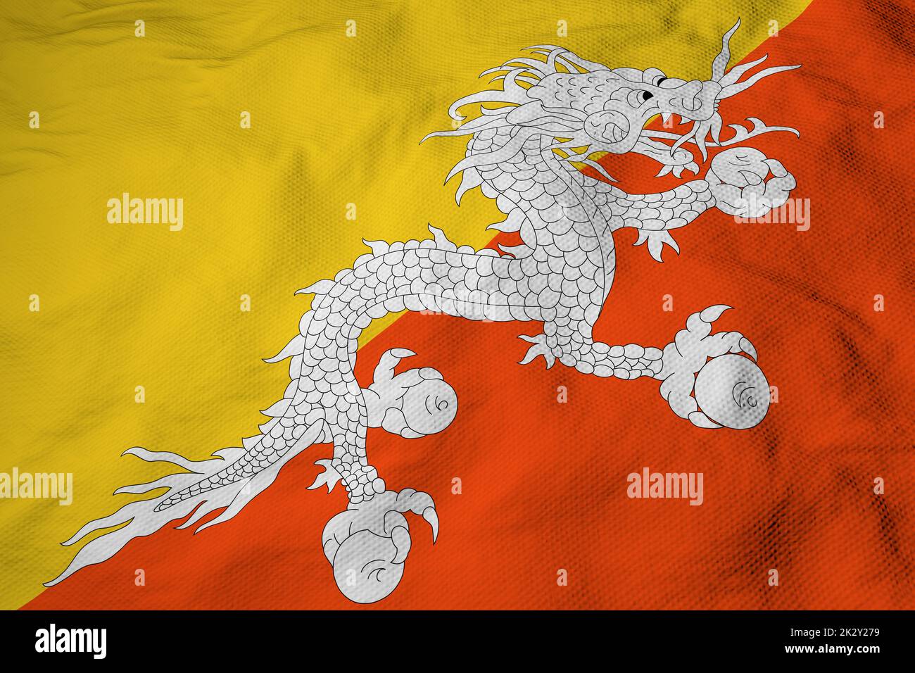 Full frame close-up on a waving Flag of Bhutan in 3D rendering. Stock Photo
