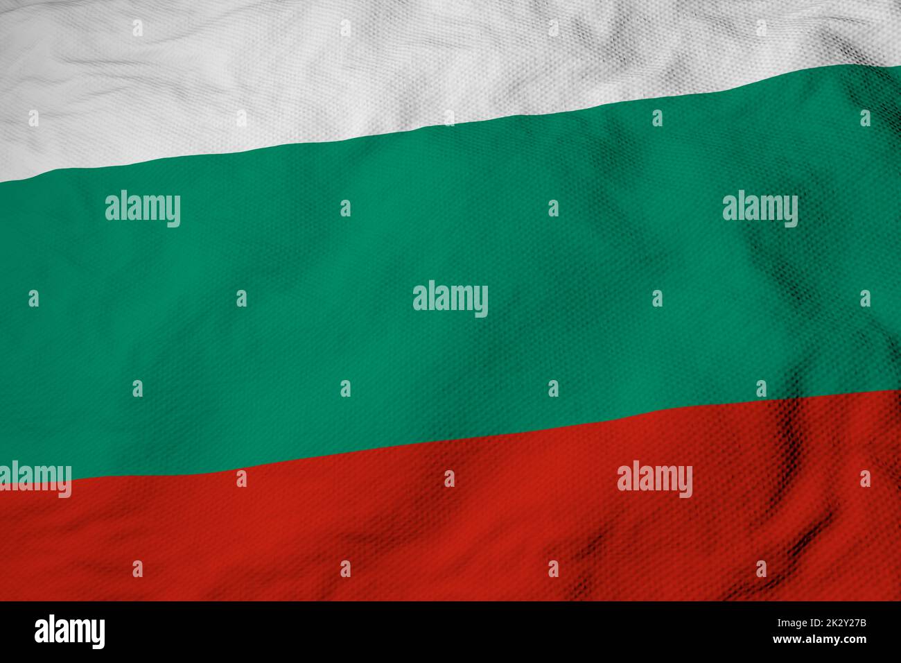 Full frame close-up on a waving Flag of Bulgaria in 3D rendering. Stock Photo
