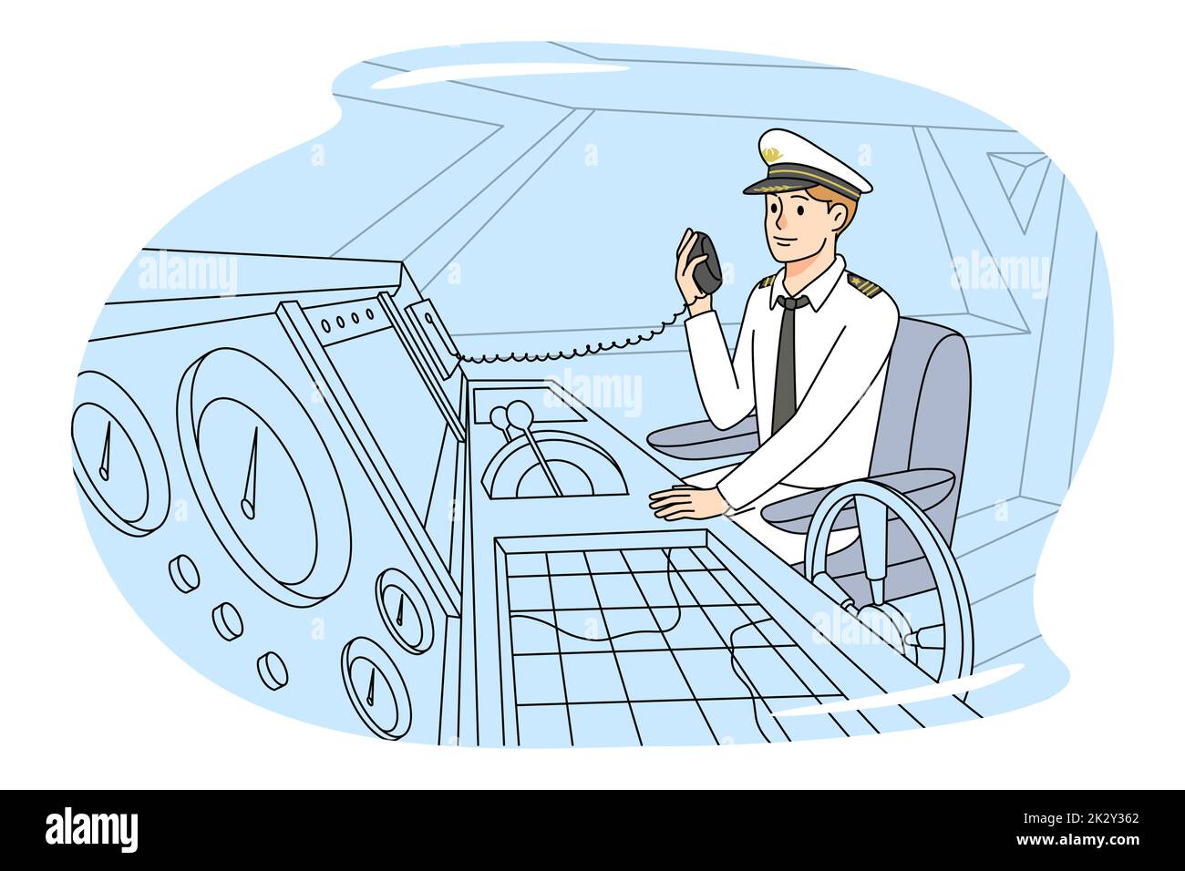 Boat captain in uniform talk on radio Stock Photo