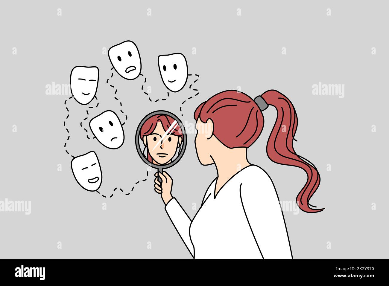 Woman look in mirror seeing different faces Stock Photo Alamy