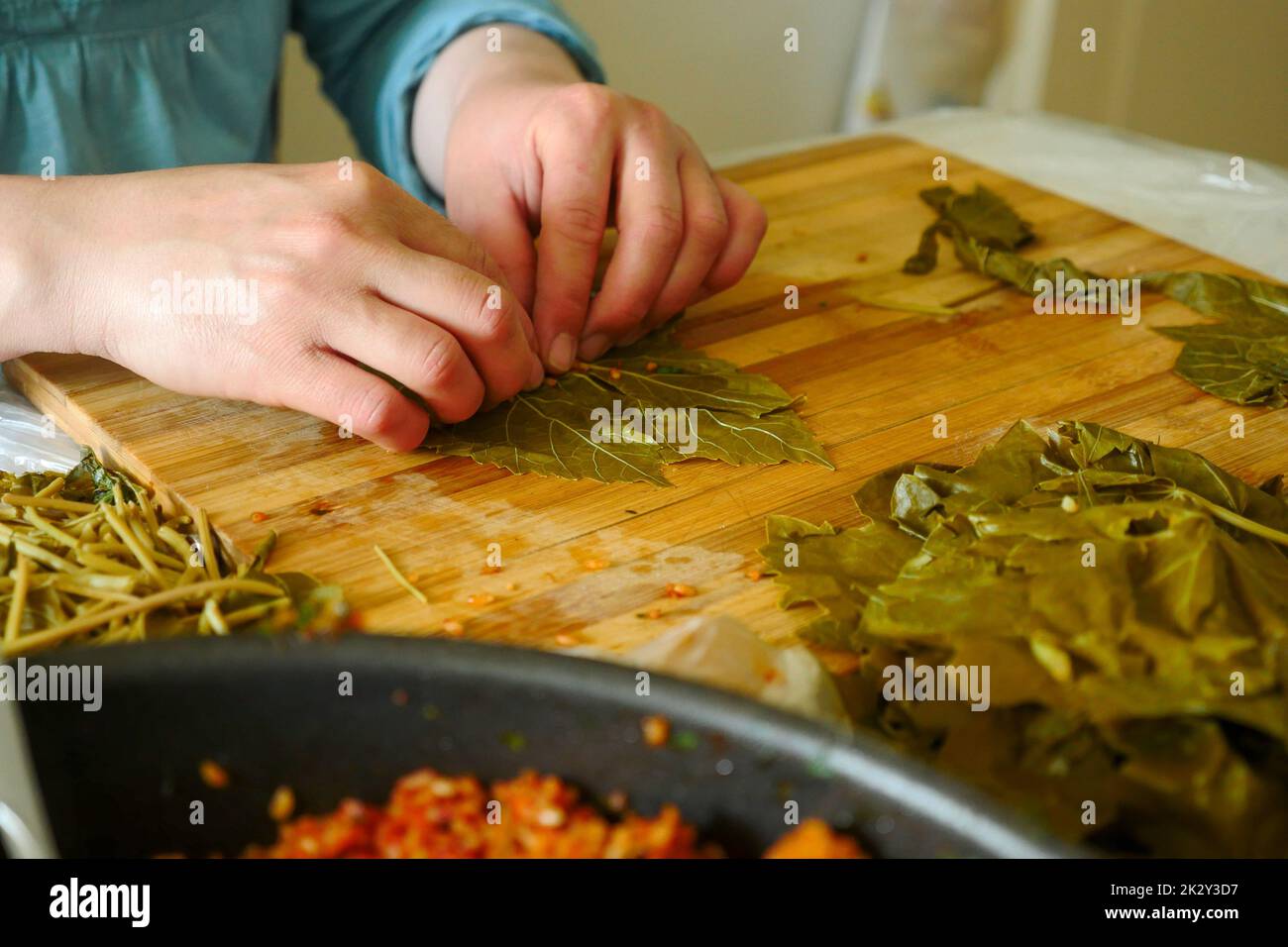Stuffed grape leaves typical of Turkey, a housewife making stuffed