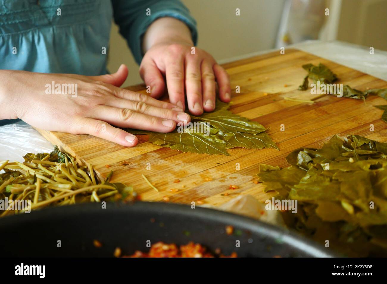Stuffed grape leaves typical of Turkey, a housewife making stuffed
