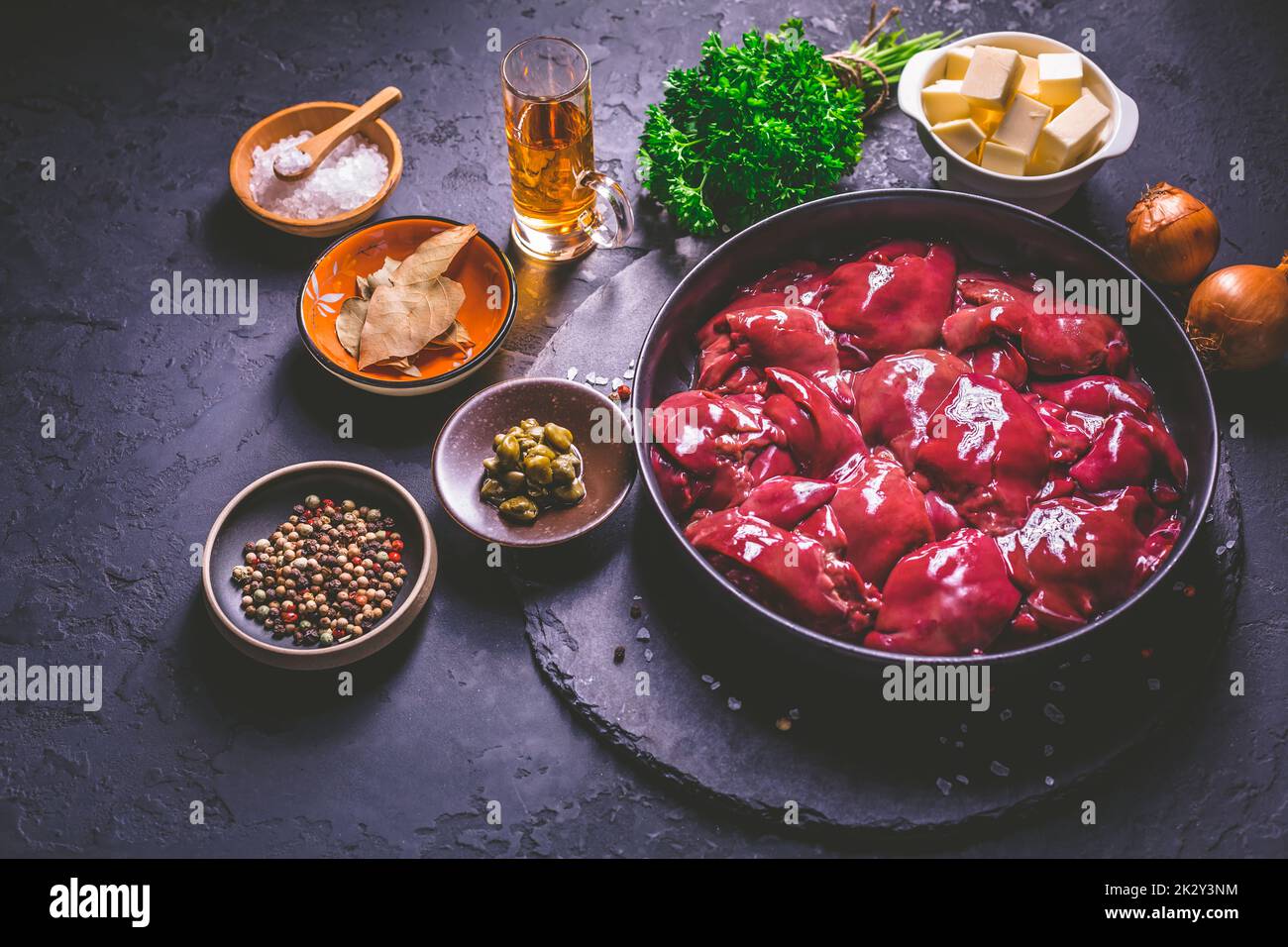 Raw chicken liver with cooking ingredients for liver pate Stock Photo