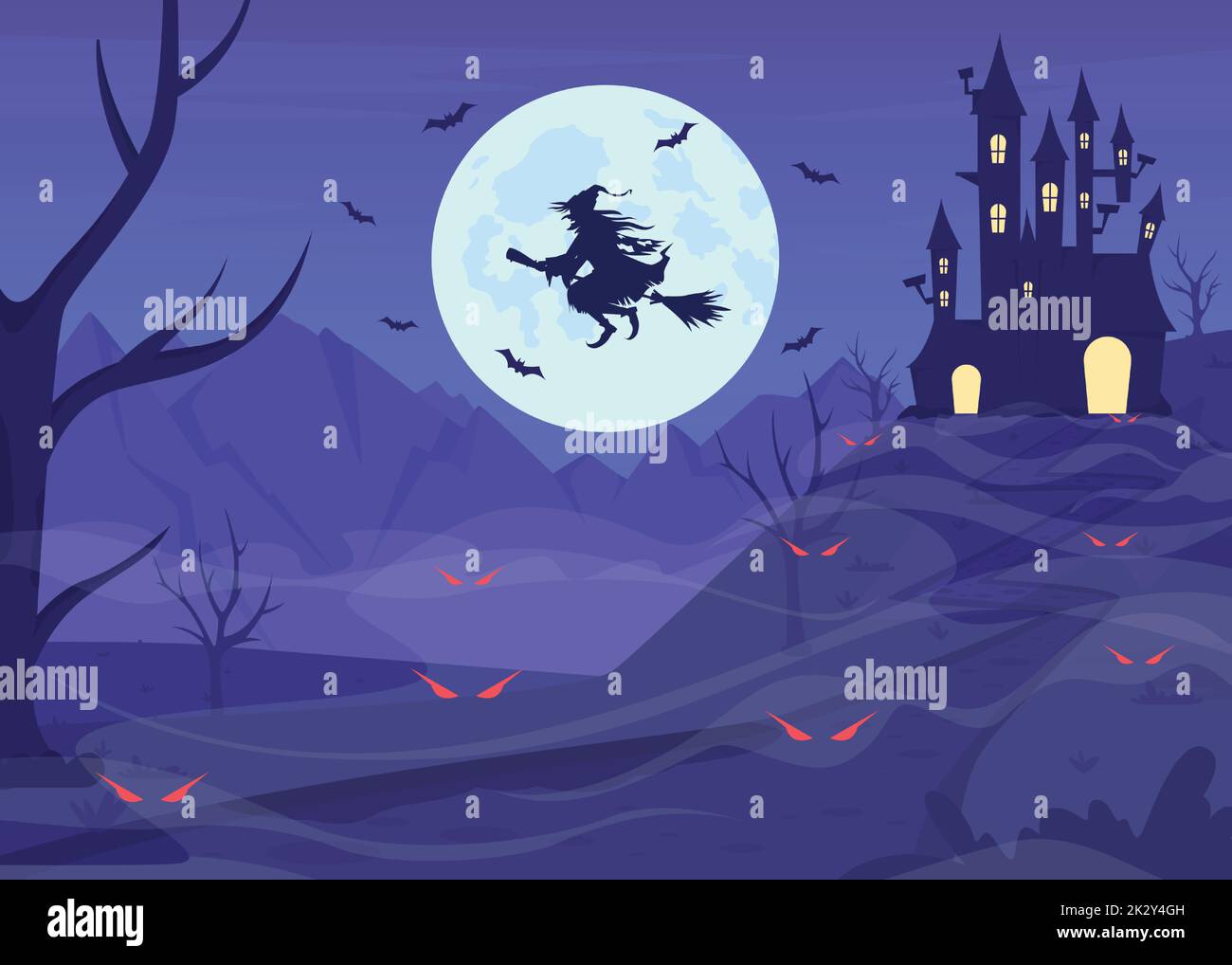 Flying witch on broomstick flat color vector illustration Stock Vector ...