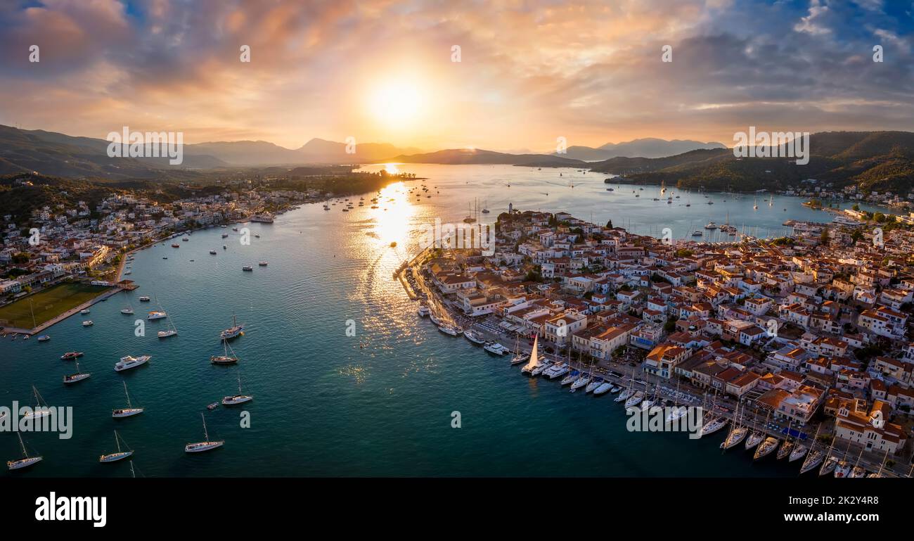 Aerial panorama of the city and harbor of Poros island, Greece Stock Photo