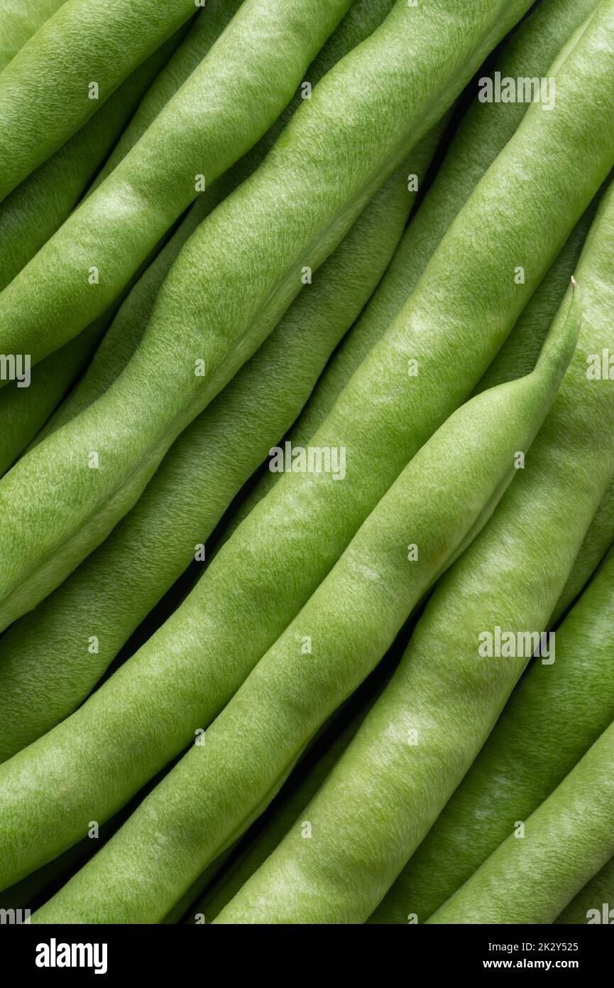 close-up of green beans, abstract background, also known as french beans, string beans or snaps, bunch of freshly harvested vegetable in full frame Stock Photo