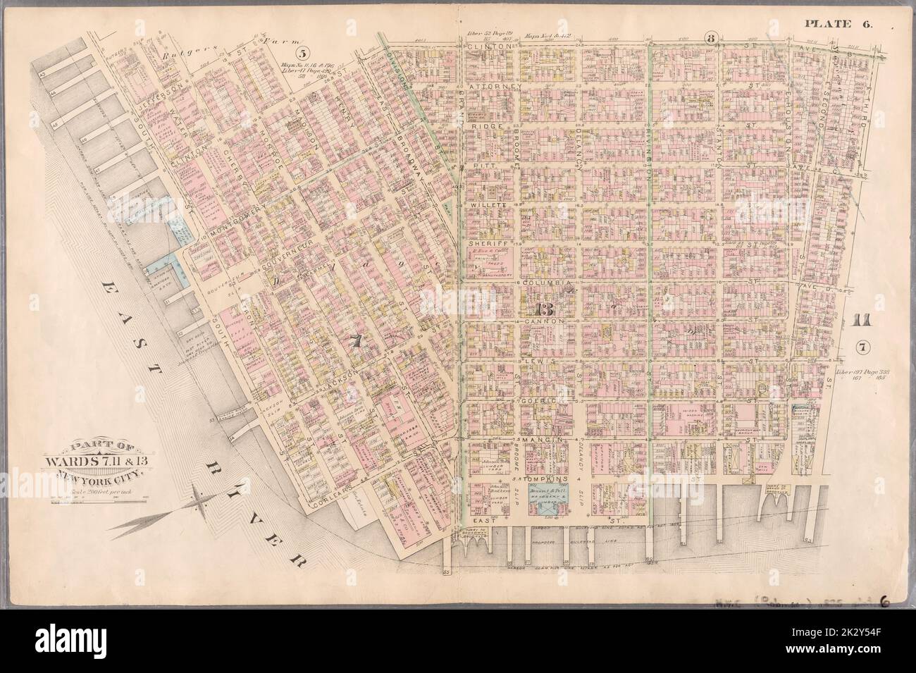 Cartographic, Maps. 1885. Lionel Pincus and Princess Firyal Map Division. Real property , New York (State) , New York, New York (N.Y.) Plate 6: Bounded by Rutgers Slip, Cherry Street, Jefferson Street, Madison Street, Clinton Street, E. Third Street, Tompkins Street, Rivington Street, East Street, Water Street, Corlears Street, and (East River, Piers 43-54) South Street. Part of Wards 7, 11 & 13, New York City. Stock Photo