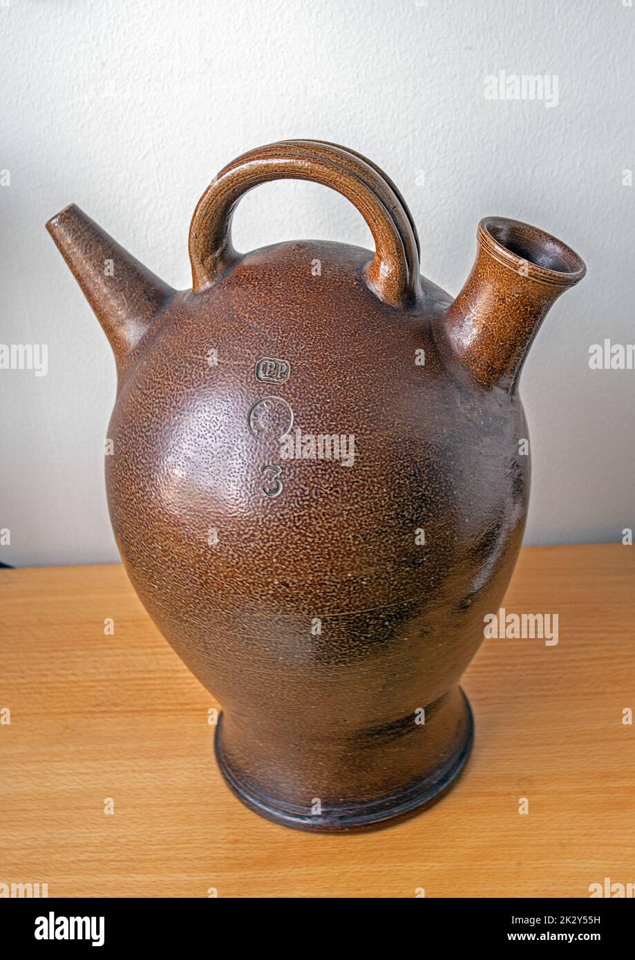 old ceramic water jar, stone ware from helsingborg, sweden. (Ruuthska bruket) Stock Photo