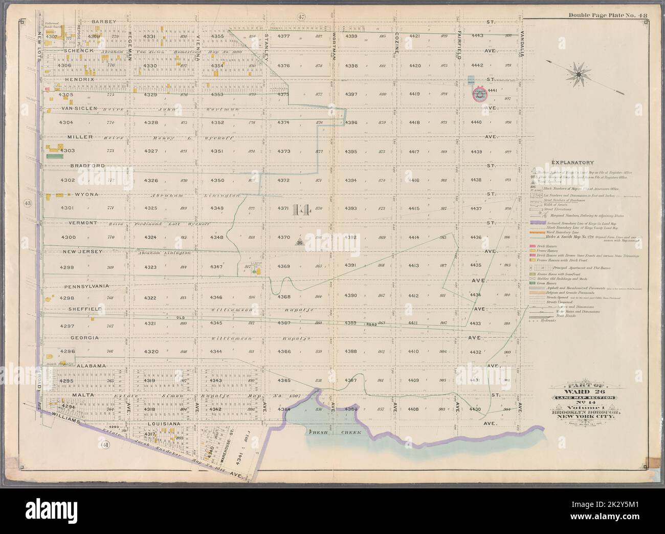 Cartographic, Maps. 1898. Lionel Pincus and Princess Firyal Map Division. Brooklyn (New York, N.Y.), Real property , New York (State) , New York Double Page Plate No. 48: Bounded by Barbey Street, Vandalia Avenue, Louisiana Avenue, Williams Avenue and New Lots Avenue. Part of Ward 26. Land Map Section, No. 14. Volume 1, Brooklyn Borough, New York City. Stock Photo