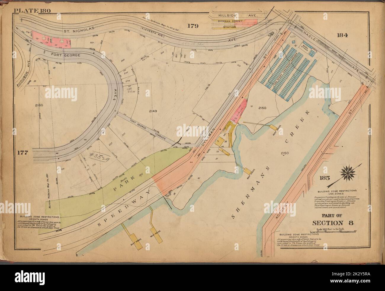 Cartographic, Maps. 1921 - 1923. Lionel Pincus and Princess Firyal Map Division. Real property , New York (State) , New York, Manhattan (New York, N.Y.) Plate 180: Bounded by St Nicholas Avenue, Nagle Avenue, Academy Street, (Sherman's Creek, Speedway, Park) Fort George Avenue and Audubon Avenue Stock Photo