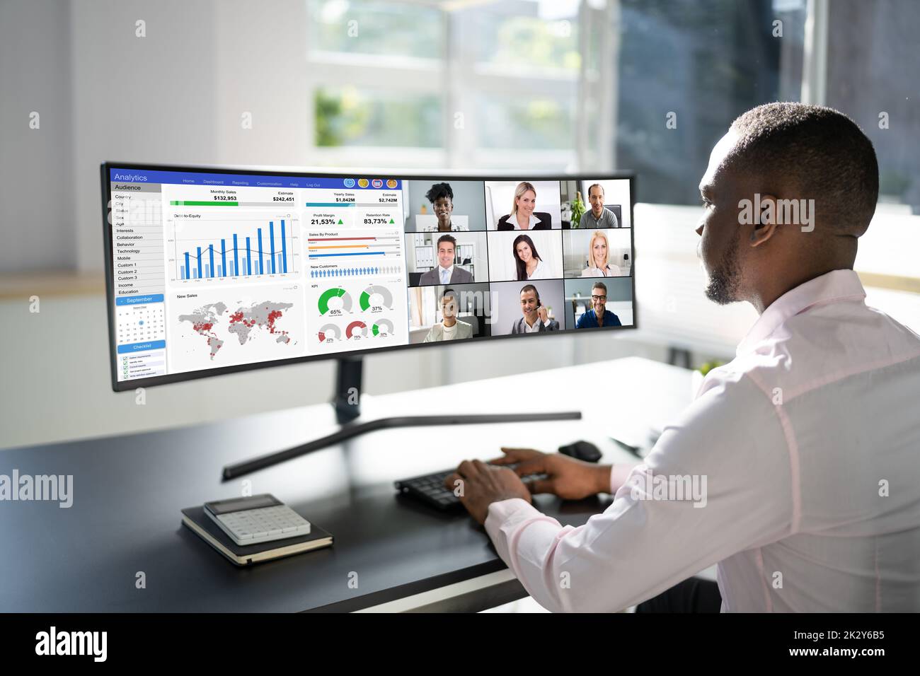 Online Video Conference Webinar On Computer. Business Videoconference Stock Photo