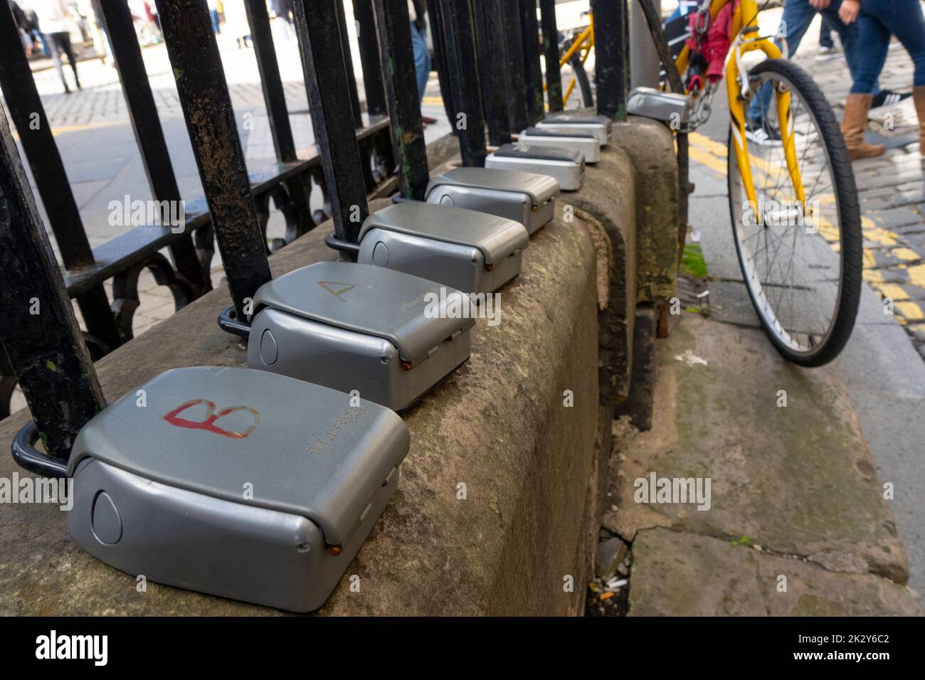 Many key safes for Airbnb  short term lets outside apartment building in Edinburgh Old Town, Scotland UK Stock Photo