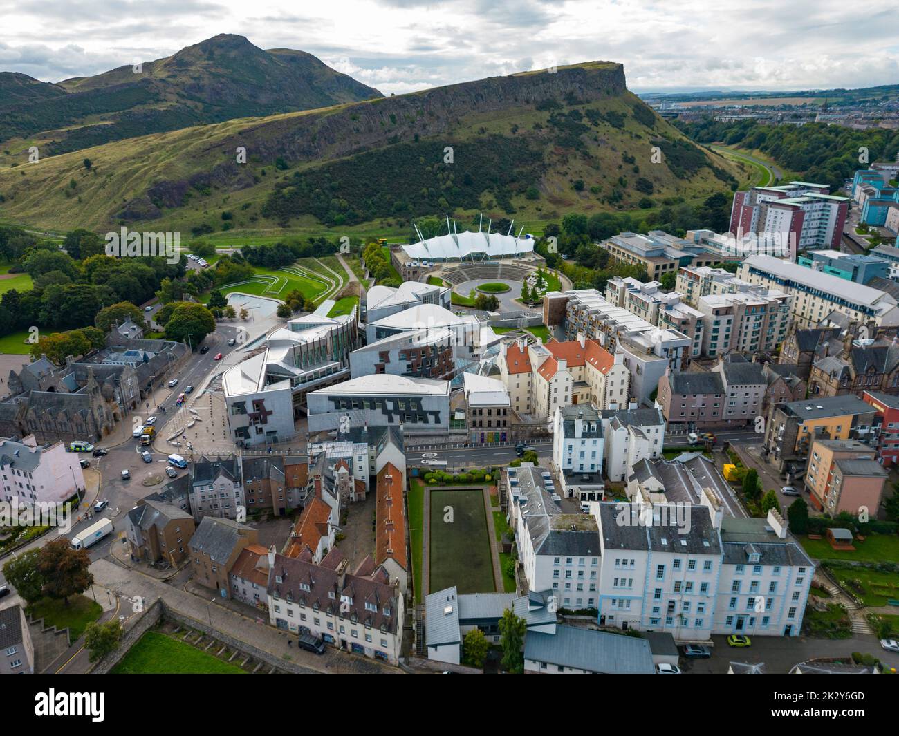 Aerial view of Holyrood and the  Scottish Parliament, Edinburgh, Scotland, UK Stock Photo