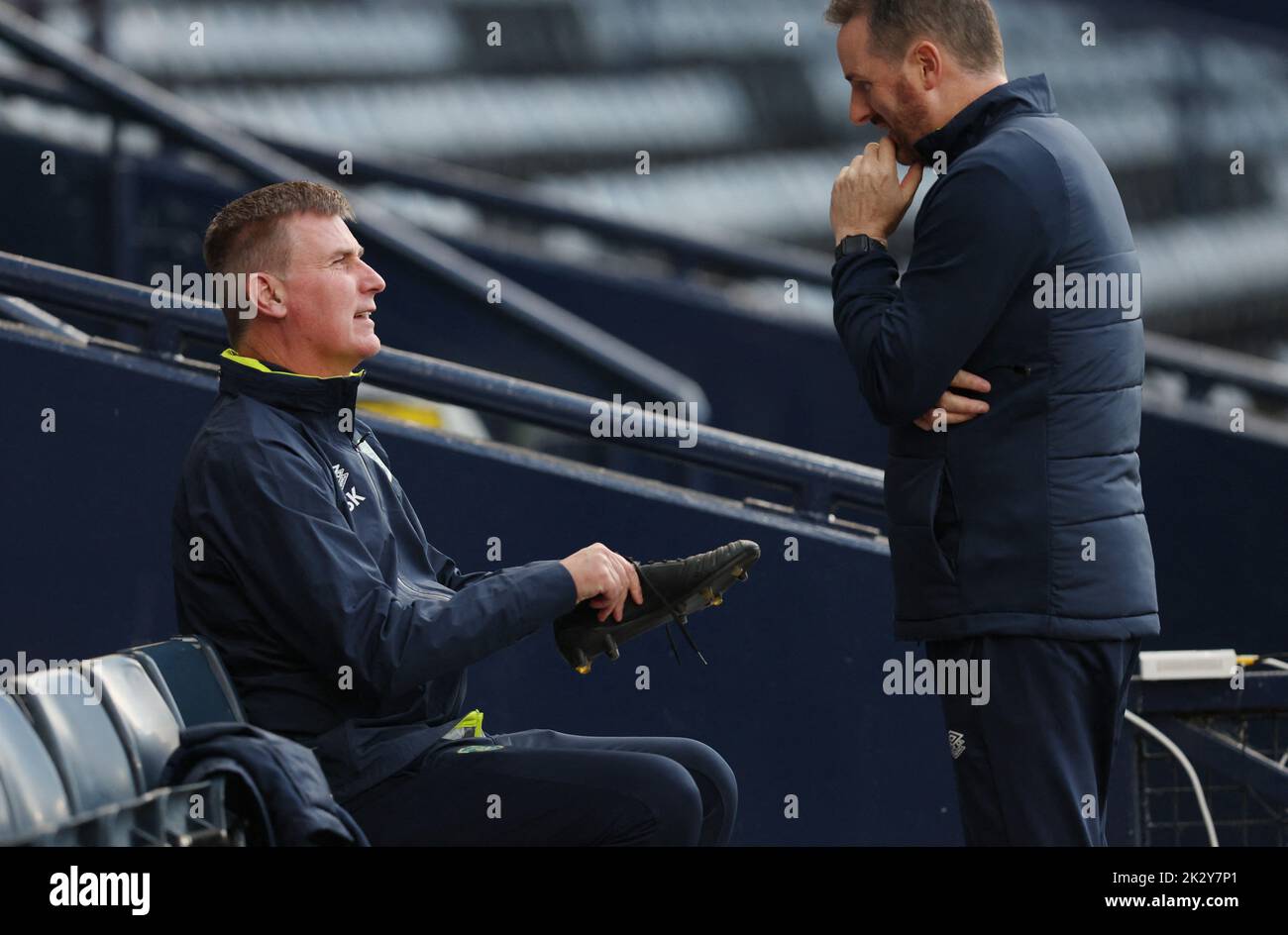 Soccer Football - UEFA Nations League - Republic of Ireland Training - Hampden Park, Glasgow, Scotland, Britain - September 23, 2022 Republic of Ireland manager Stephen Kenny during training with teammate REUTERS/Russell Cheyne Stock Photo