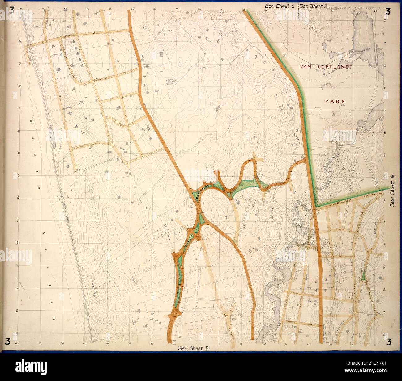New York (N.Y.). Department of Parks. Topographical Division. Cartographic, Maps. 1873. Lionel Pincus and Princess Firyal Map Division. Westchester County (N.Y.), New York (N.Y.) Bronx, Topographical Map Sheet 3; Map bounded by Bates St., Riverdale Ave., Moshold Ave., Broadway, Vancortlandt Ave., Bailey Ave., Ft. Independence St.; Including Albany Road, Church Kingsbridge Ave., Webbers Lane, Ackerman St., Johnson Ave., Spuyten Duyvil Parkway, Hudson River Bailroad Stock Photo