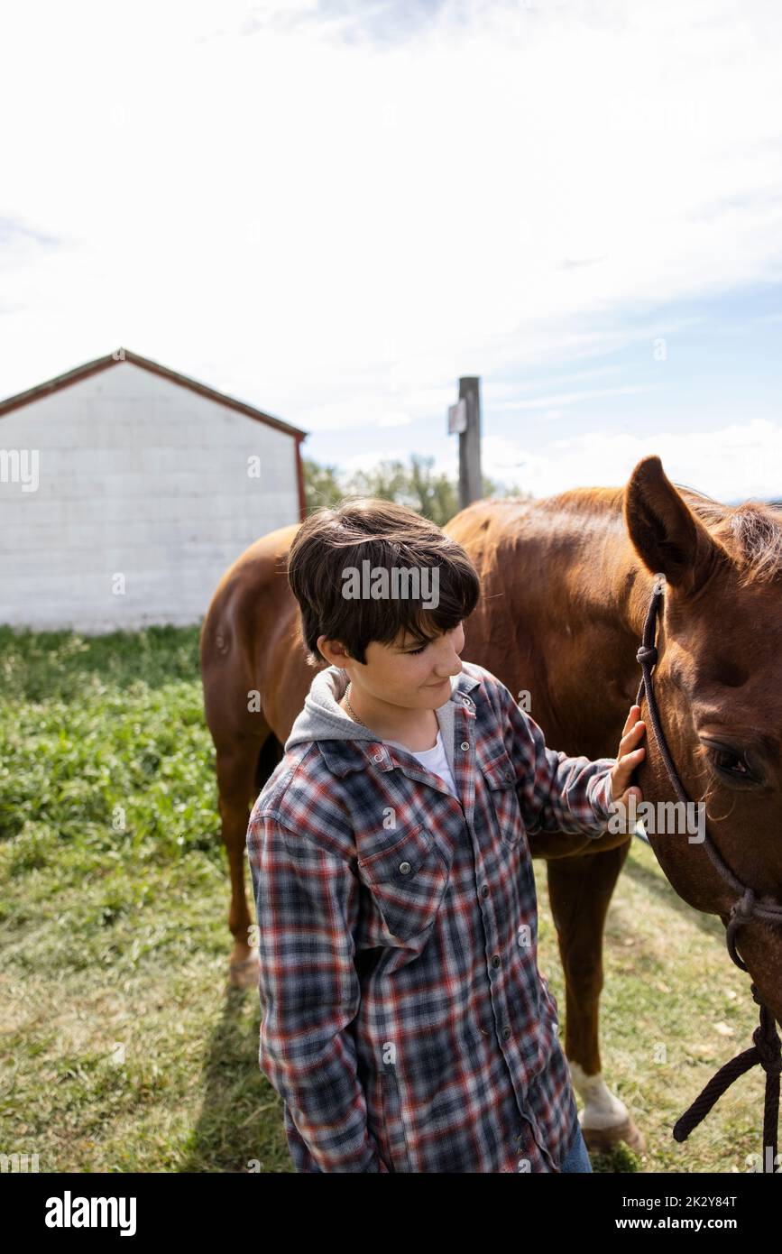 Preteen boy with horse on sunny rural farm Stock Photo