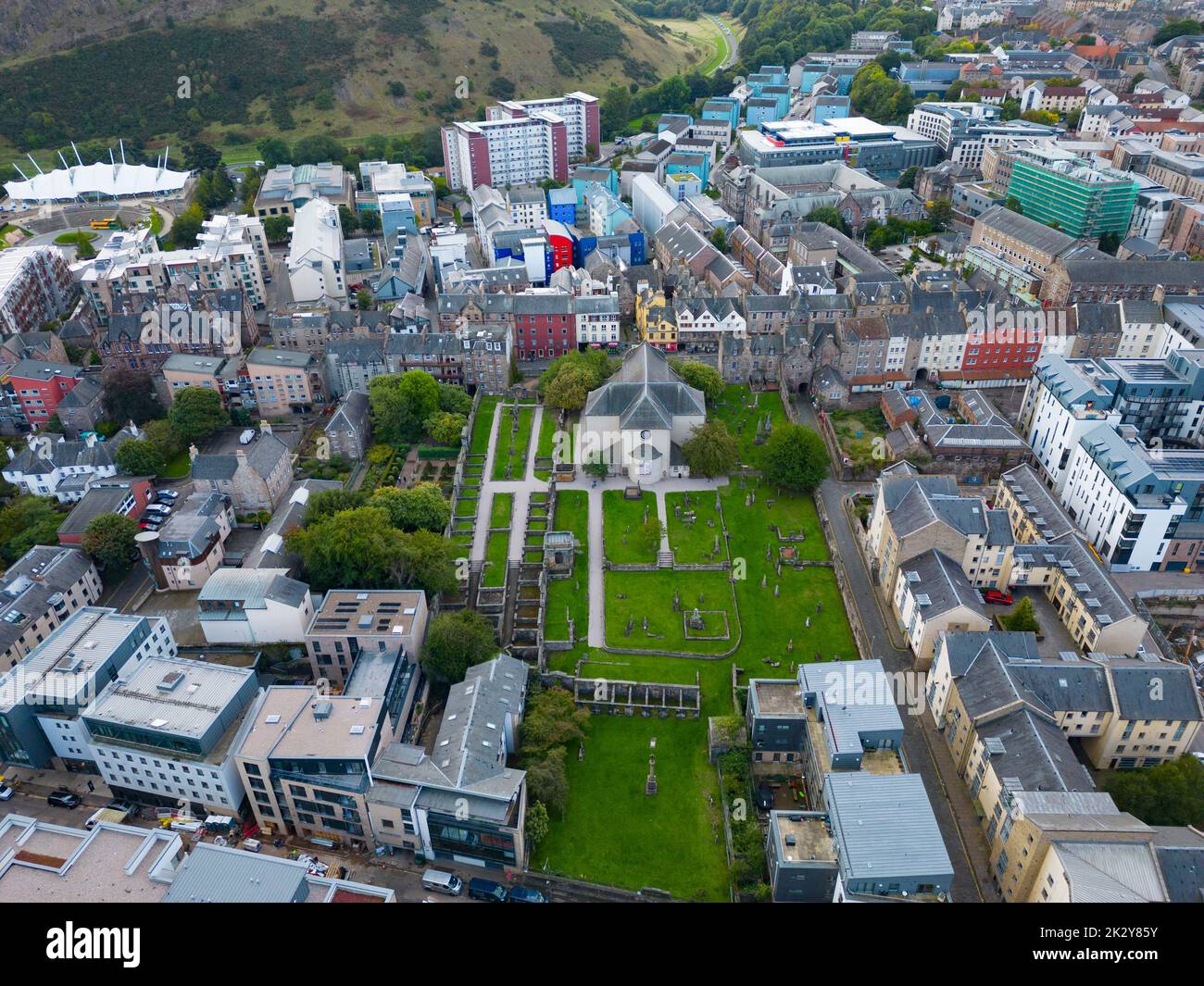 Aerial view of Canongate Church and cemetery Edinburgh, Scotland, UK