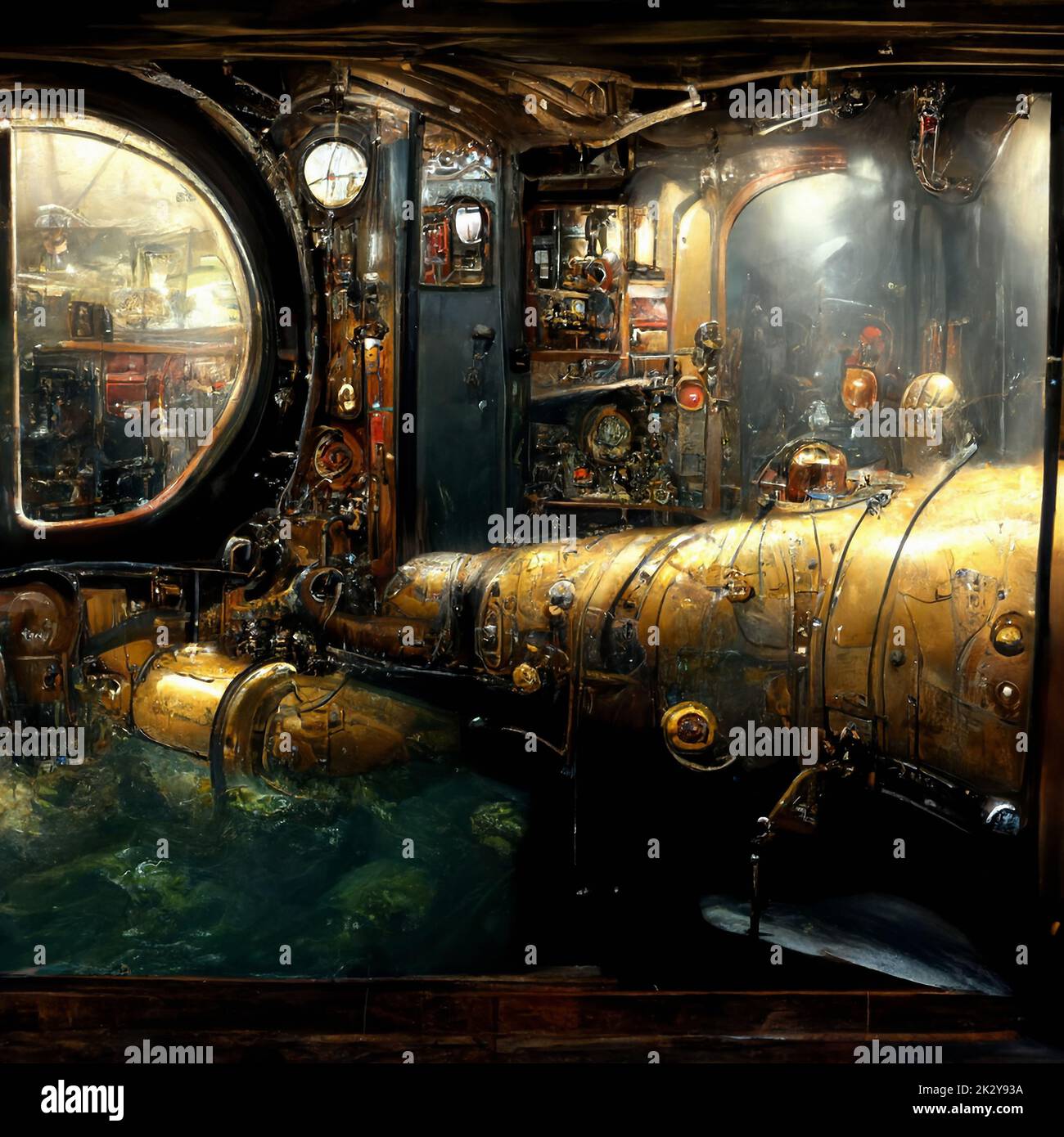 Steampunk fantasy:  adventure and exploration of the deep sea with submarine ship Stock Photo
