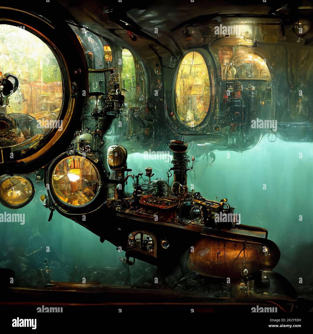 Steampunk fantasy:  adventure and exploration of the deep sea with submarine and bathyscaphe Stock Photo