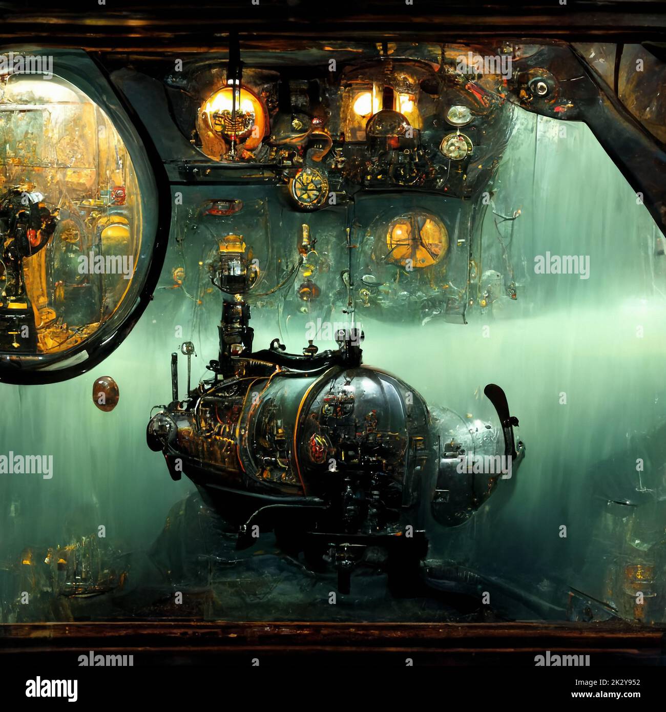 Steampunk fantasy:  adventure and exploration of the depth of the sea with submarine and bathyscaphe Stock Photo