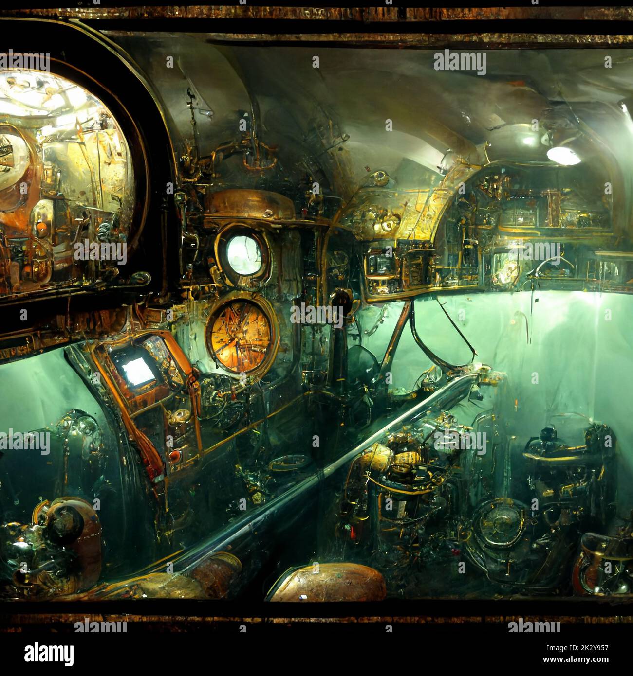 Steampunk fantasy:  adventure and exploration  of the depth of the sea with a submarine ship Stock Photo