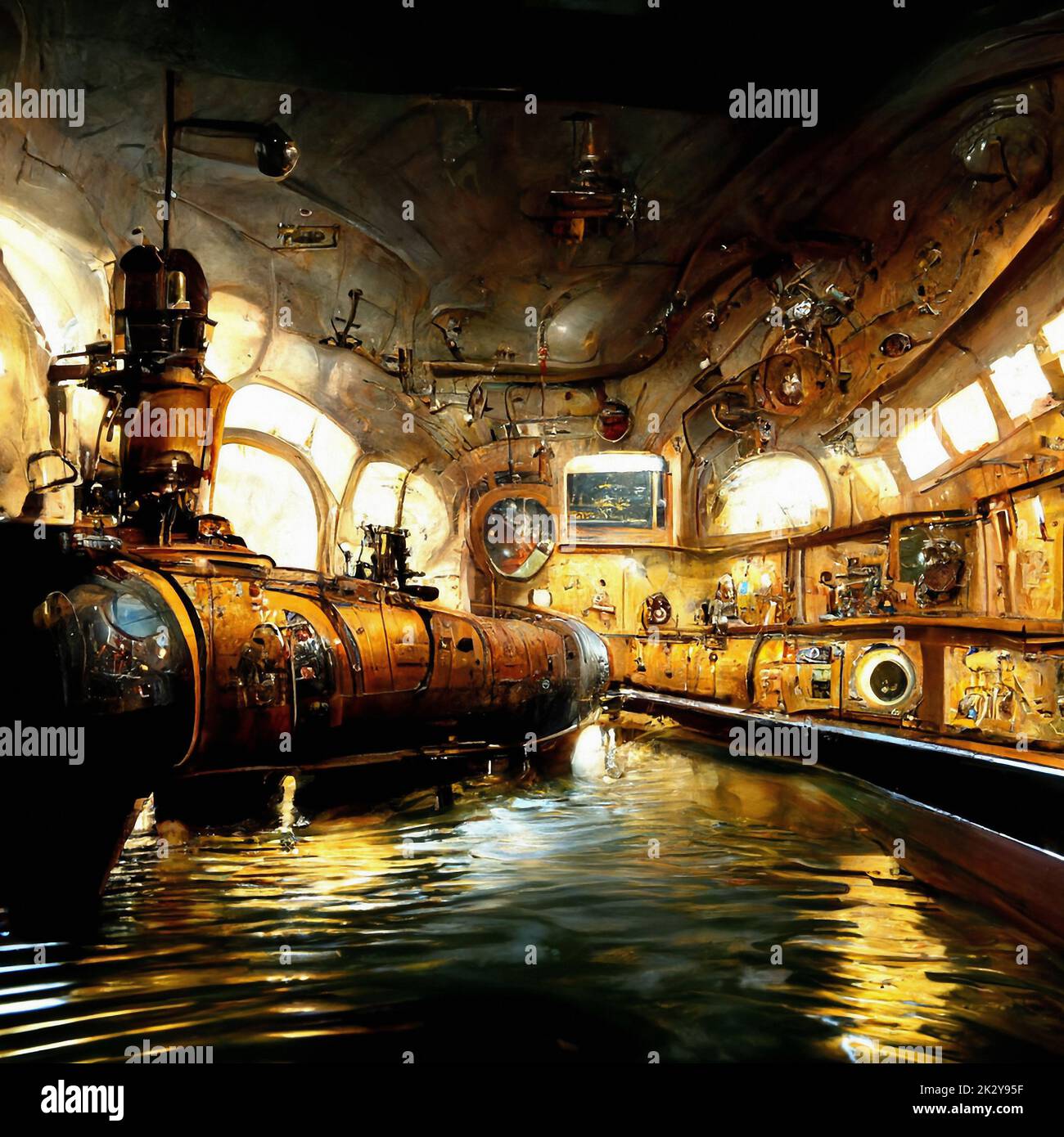Steampunk fantasy:  adventure and exploration of the deep sea with submarine ship and bathyscaphe Stock Photo