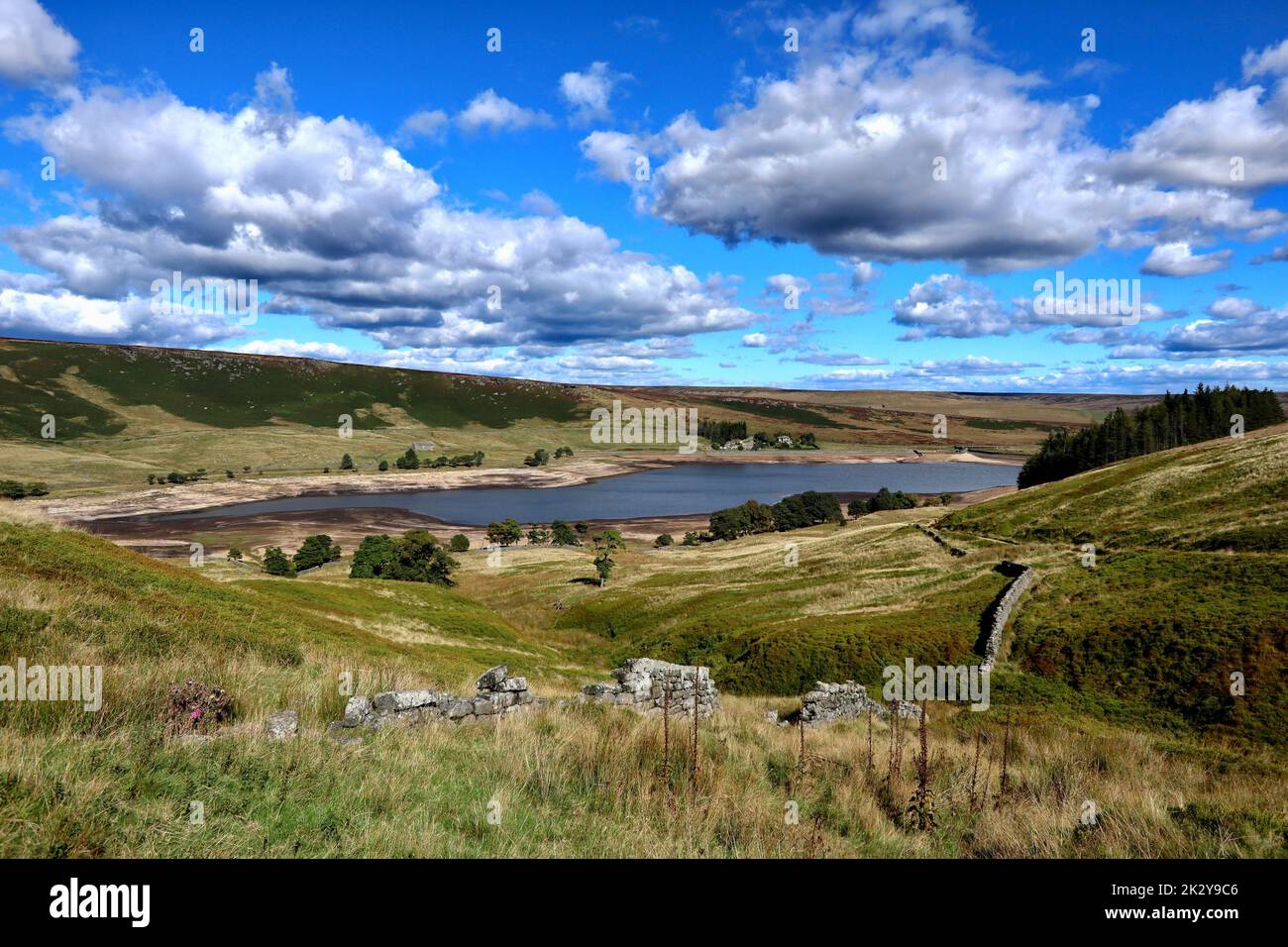 Low water at Widdop reservoir, following the dry summer of 2022. Stock Photo