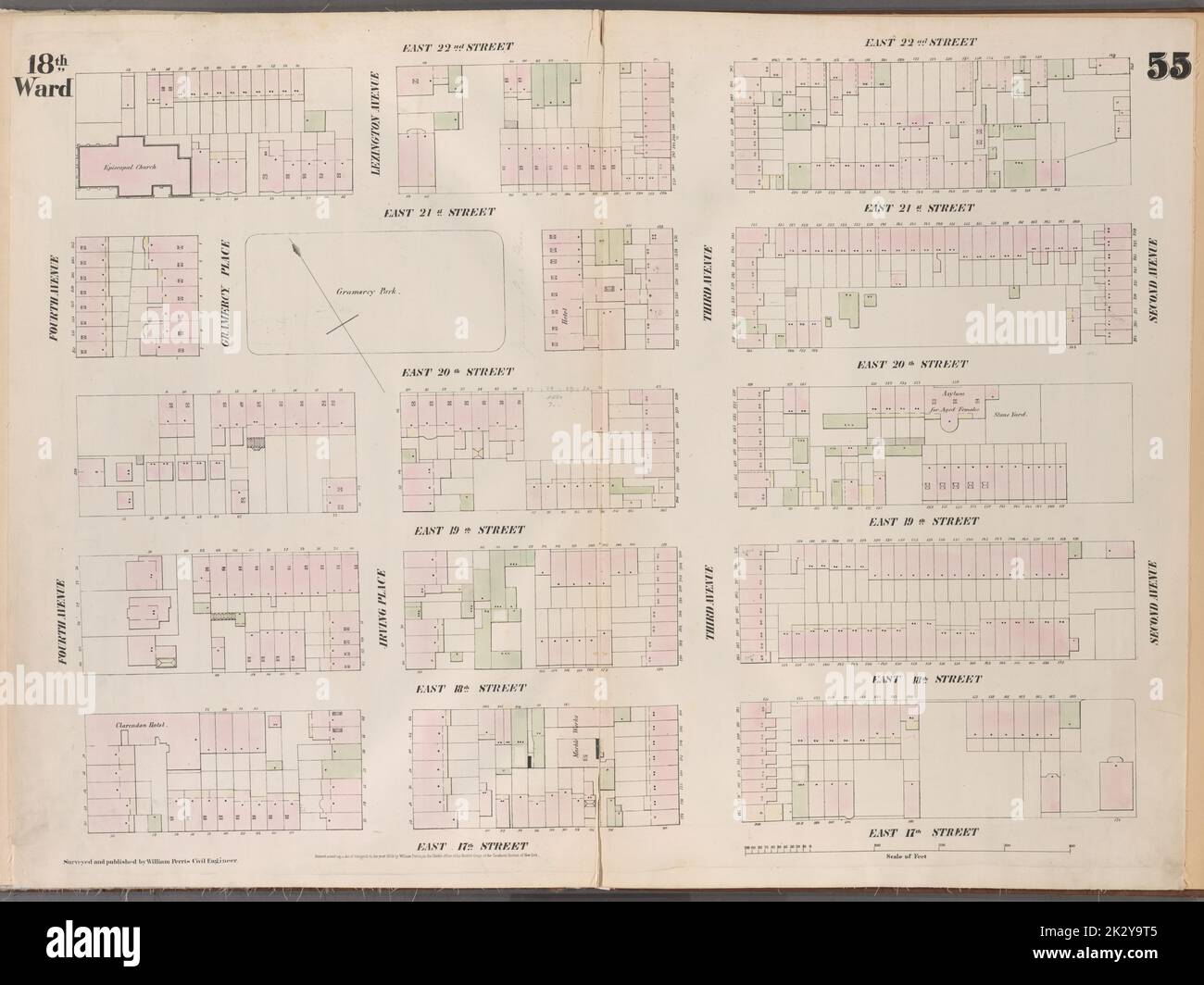 Cartographic, Maps. 1853. Lionel Pincus and Princess Firyal Map Division. Manhattan (New York, N.Y.), Real property , New York (State) , New York, Fire insurance Plate 55: Map bounded by East 22nd Street, Second Avenue, East 17th Street, Fourth Avenue Stock Photo