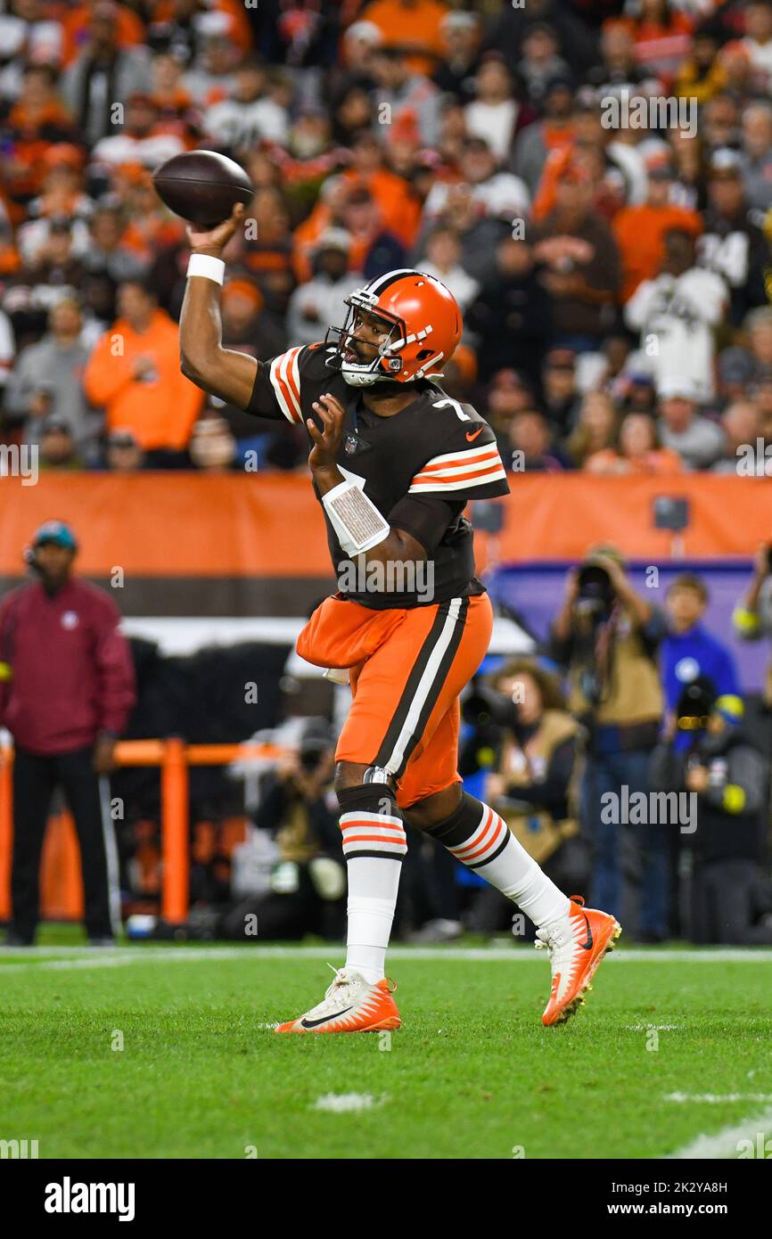 Cleveland Browns quarterback Jacoby Brissett (7) drops back to pass during  an NFL football game against the Los Angeles Chargers, Sunday, Oct. 9,  2022, in Cleveland. (AP Photo/Kirk Irwin Stock Photo - Alamy