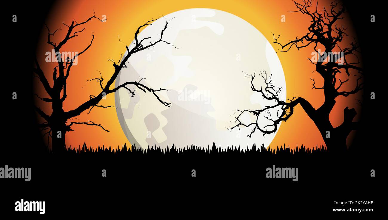 Halloween Theme Background with Full Moon and Trees Silhouettes. Vector Illustration Stock Vector