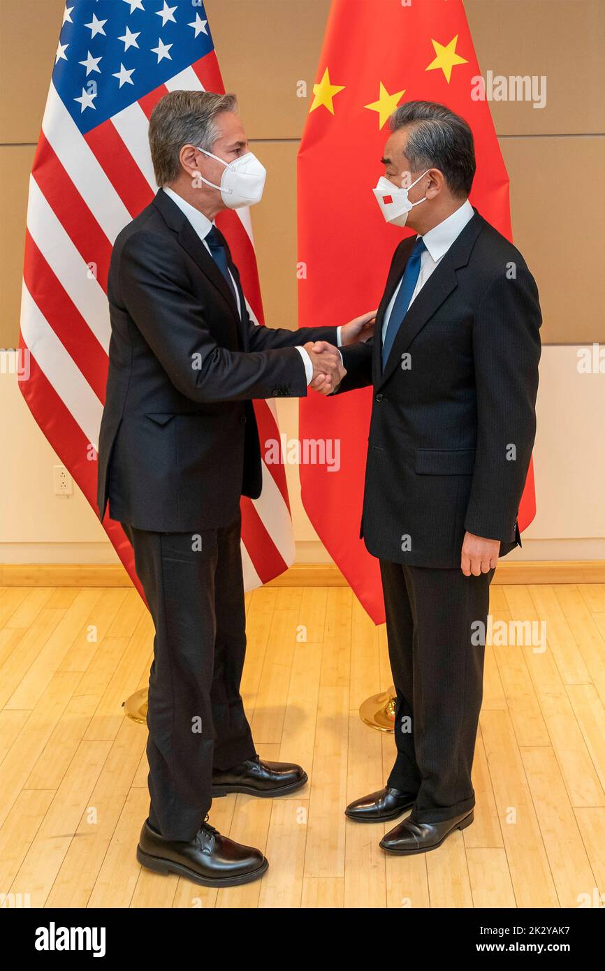 New York City, United States. 23rd Sep, 2022. U.S. Secretary of State Tony Blinken, right, shakes hands with Chinese State Counselor and Foreign Minister Wang Yi, left, before the start of their bilateral meeting on the sidelines of the 77th Session of the U.N General Assembly, September 23, 2022, in New York City. Credit: Ron Przysucha/State Department Photo/Alamy Live News Stock Photo