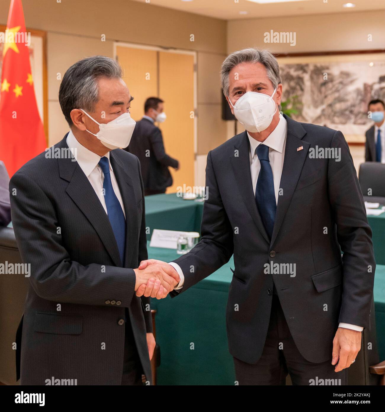 New York City, United States. 23rd Sep, 2022. U.S. Secretary of State Tony Blinken, right, shakes hands with Chinese State Counselor and Foreign Minister Wang Yi, left, before the start of their bilateral meeting on the sidelines of the 77th Session of the U.N General Assembly, September 23, 2022, in New York City. Credit: Ron Przysucha/State Department Photo/Alamy Live News Stock Photo