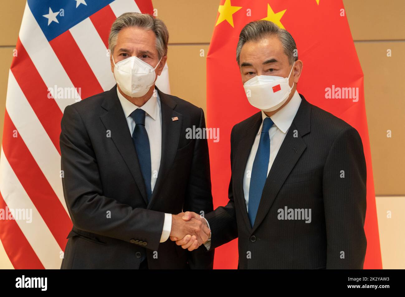 New York City, United States. 23rd Sep, 2022. U.S. Secretary of State Tony Blinken, left, shakes hands with Chinese State Counselor and Foreign Minister Wang Yi, right, before the start of their bilateral meeting on the sidelines of the 77th Session of the U.N General Assembly, September 23, 2022, in New York City. Credit: Ron Przysucha/State Department Photo/Alamy Live News Stock Photo
