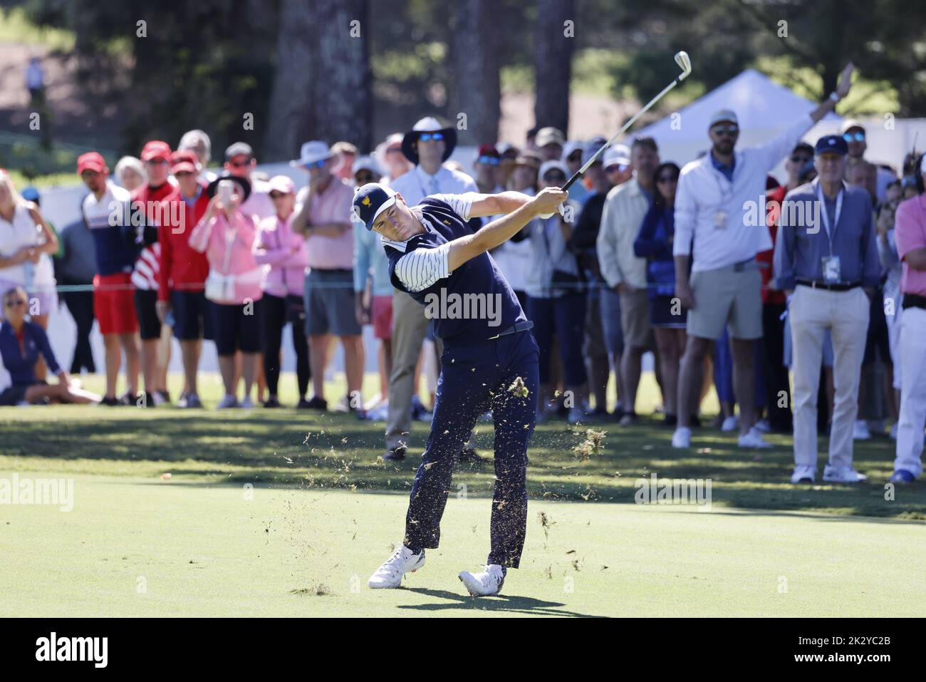 Charlotte, USA. 23rd Sep, 2022. Jordan Spieth hits on the third fairway during his Four-Ball match at the Presidents Cup golf championship in Charlotte, North Carolina on September 23, 2022. Photo by Nell Redmond/UPI. Credit: UPI/Alamy Live News Stock Photo