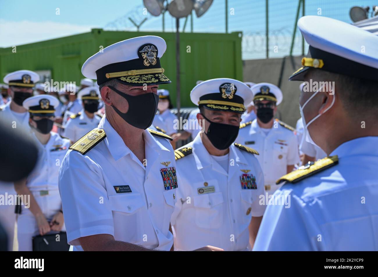 Busan, South Korea. 23rd Sep, 2022. Rear Adm. Buzz Donnelly greets his South Korean counterpart during the arrival of the USS Ronald Reagan aircraft carrier in Busan, South Korea on Friday, September 23, 2022. Photo by Thomas Maresca/UPI Credit: UPI/Alamy Live News Stock Photo