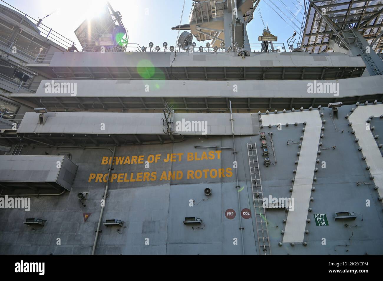 Busan, South Korea. 23rd Sep, 2022. The USS Ronald Reagan aircraft carrier is docked in Busan, South Korea on Friday, September 23, 2022. The visit is the nuclear-powered carrier's first in five years amid growing threats from North Korea. Photo by Thomas Maresca/UPI Credit: UPI/Alamy Live News Stock Photo